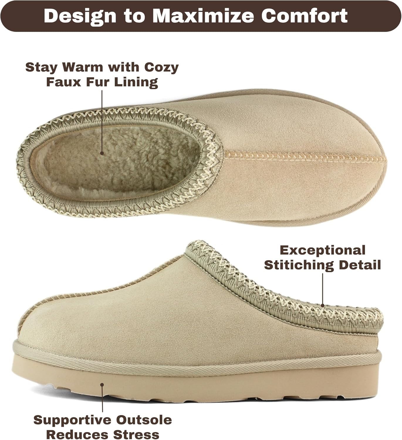 Women‘s Slippers Fuzzy Platform, Warm Winter House Slippers Indoor Outdoor, Slip On Faux Suede Fur Lined Cute Shoes (Brown/Black/Sand, US Women Size 6-9)