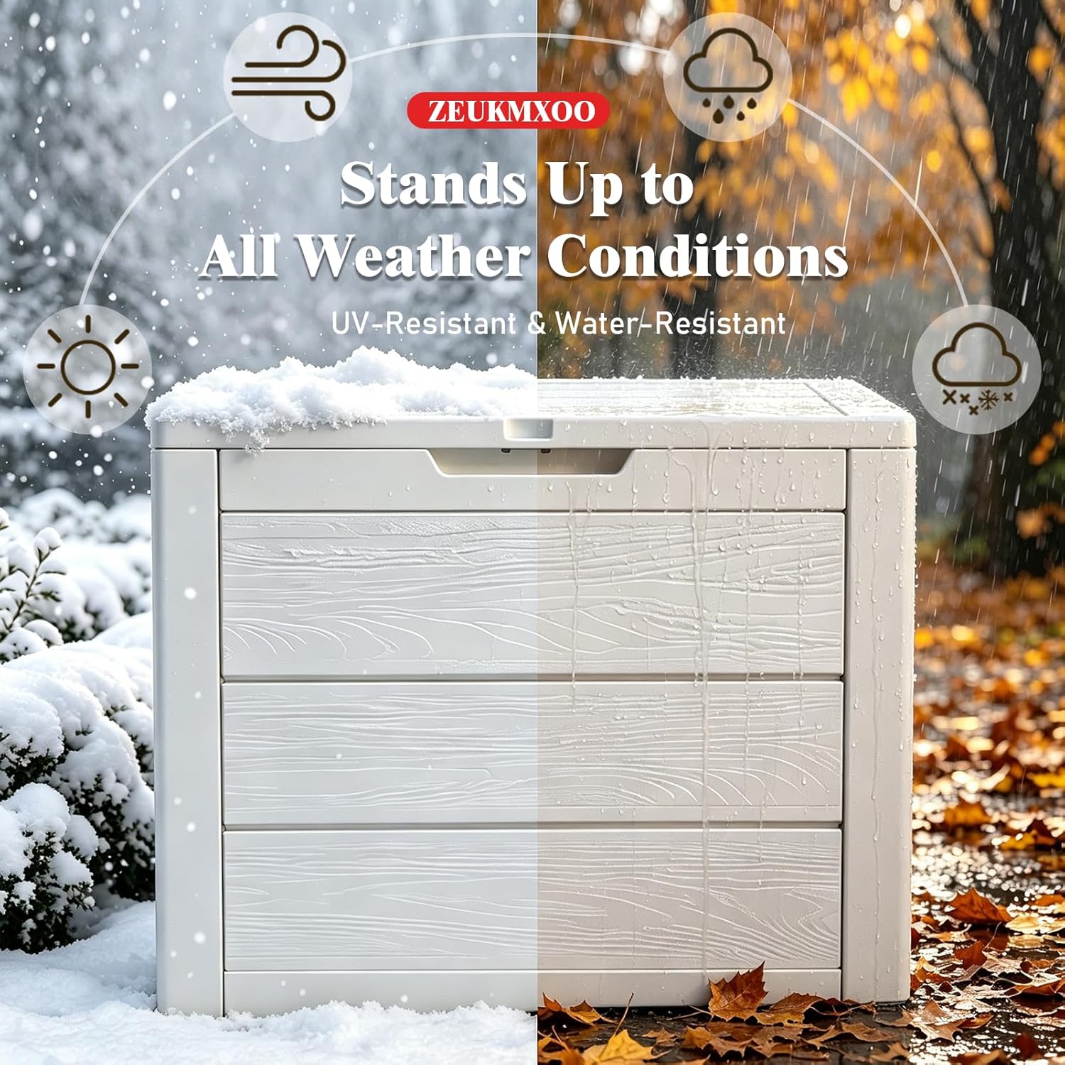 35 Gallon Deck Box, Lockable Waterproof Resin Storage Box for Patio, Indoor & Outdoor Use, for Cushions, Accessories, Package Delivery & Garden Tools (White)