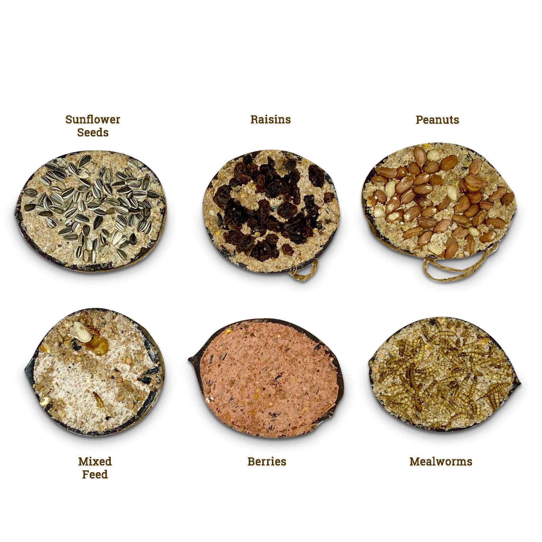 REPEAK Coconut Bird Feeder Halves, Pack of 6 Different Flavours Including Suet, Sunflower Seed