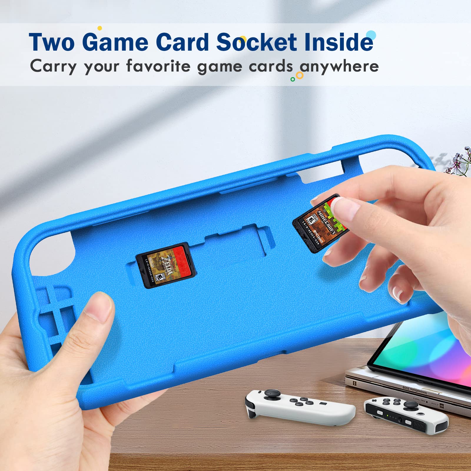 Fintie Étui Compatible avec Nintendo Switch (modèle OLED) 2021 – Étui de Protection Ultra léger résistant aux Chocs avec 2 Supports de Cartes de Jeu, poignée Design Ergonomique, Bleu