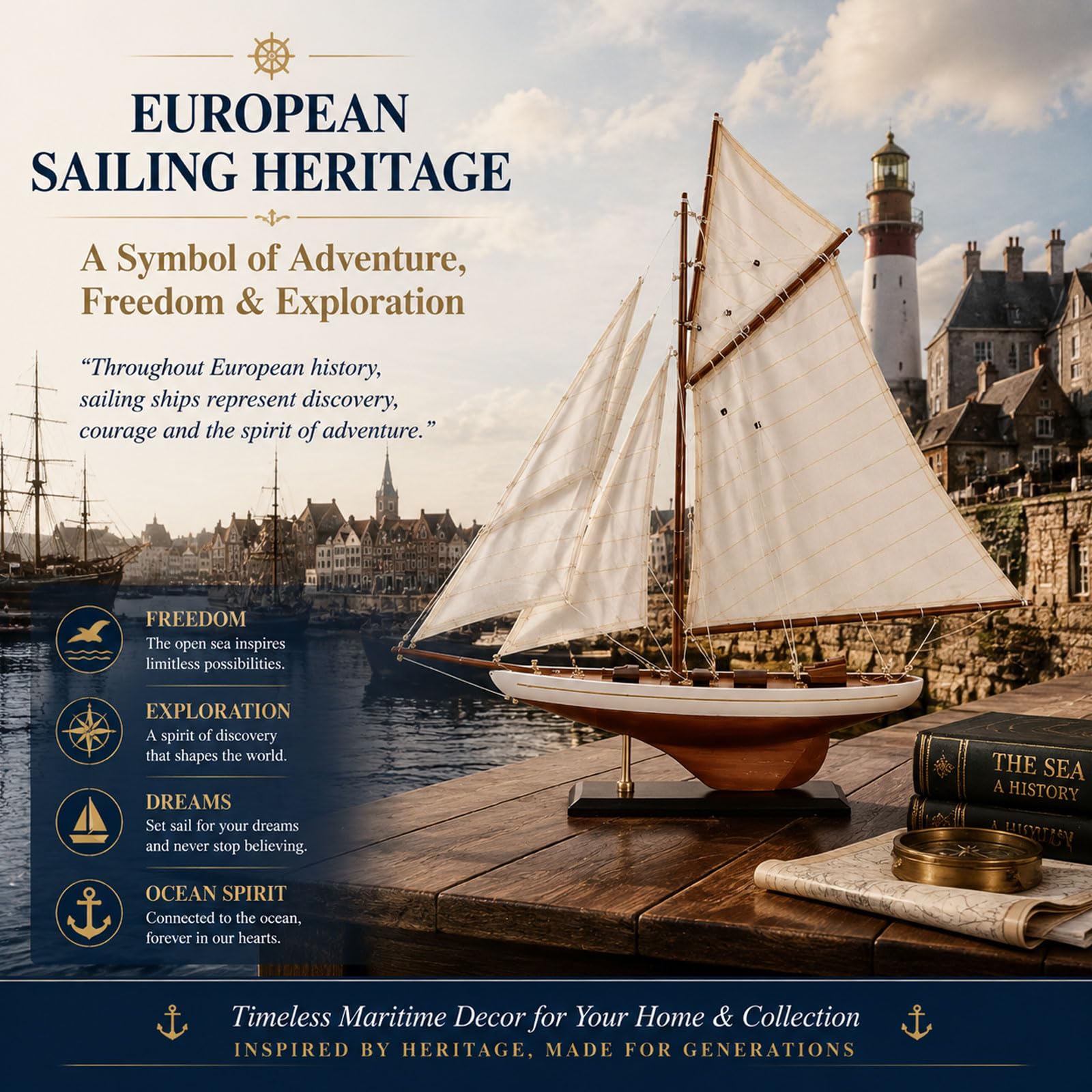 YLME Modello di Barca a Vela d'Epoca Ornamento in Legno a Forma di Barca a Vela | Decorazioni nautiche e marittime per soggiorno, ufficio, mensole, regalo per gli amanti della vela