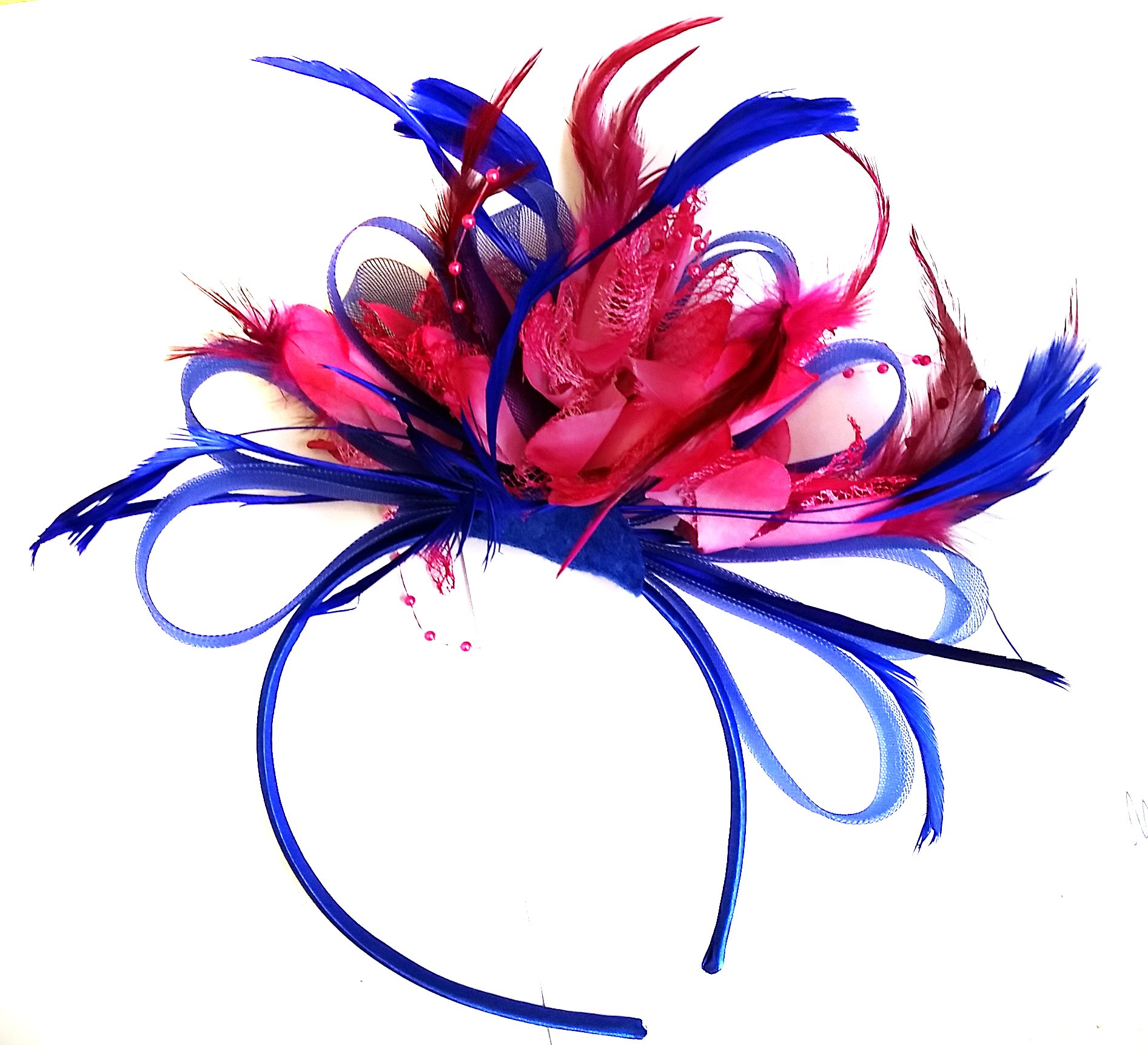 Royal Blue and Fuchsia Hot Pink Feather Hair Fascinator Headband Wedding and Royal Ascot Races Ladies, Royal Blue and Hot Pink