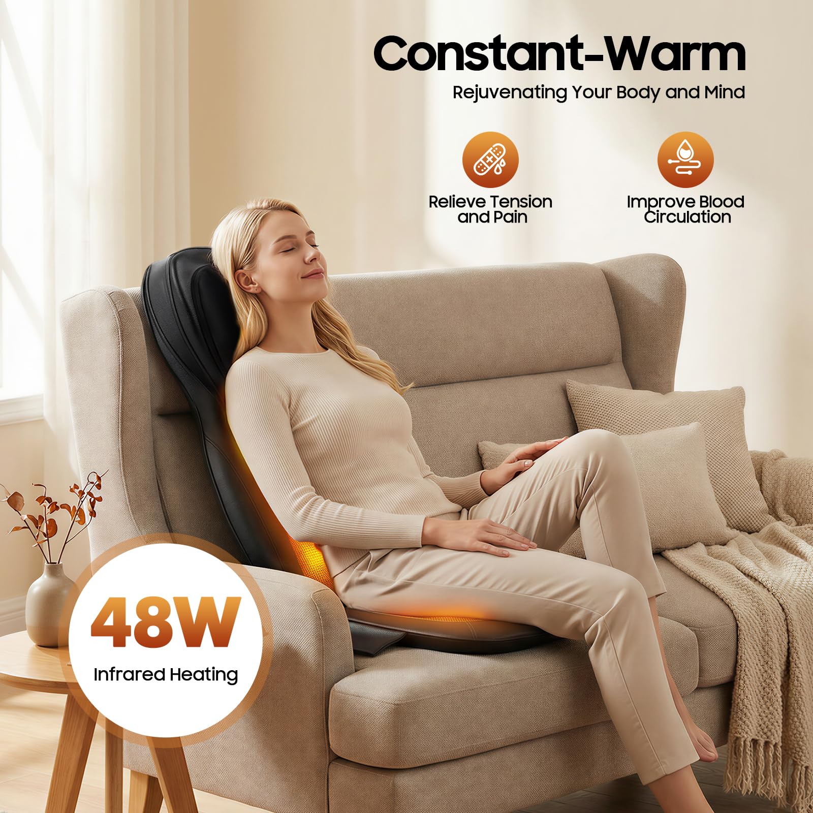 Cuscino massaggiante con calore Shiatsu, cuscino massaggiante con impasto, rullo, vibrazione e compressione dell'aria, 3 modalità massaggio, 4 motori vibranti (nero)