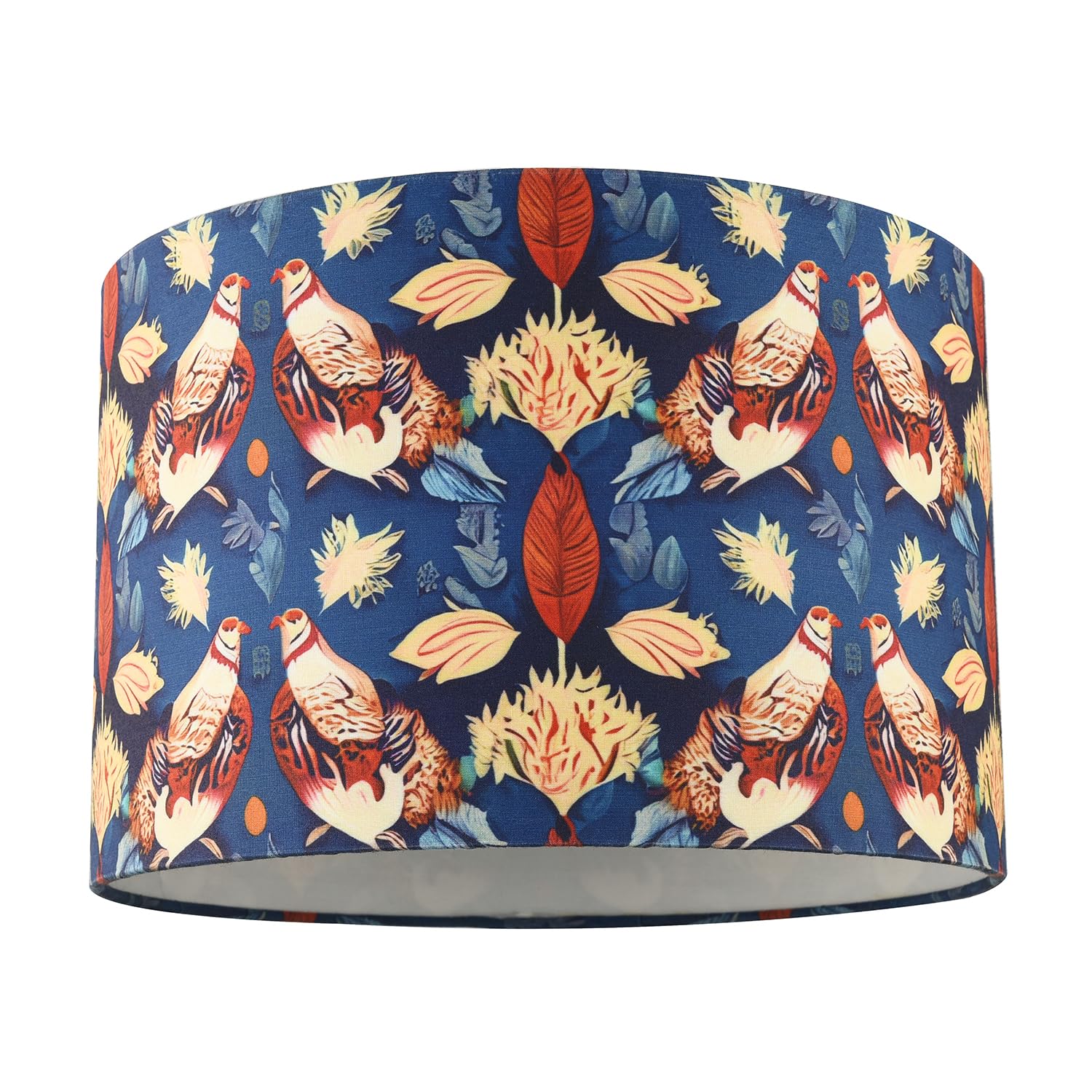 Vintage Bohemian Styled Navy Blue Lamp Shade with Vivid Floral and Pigeon Patterns | 30cm x 20cm | White Cotton Fabric Inner by Happy Homewares