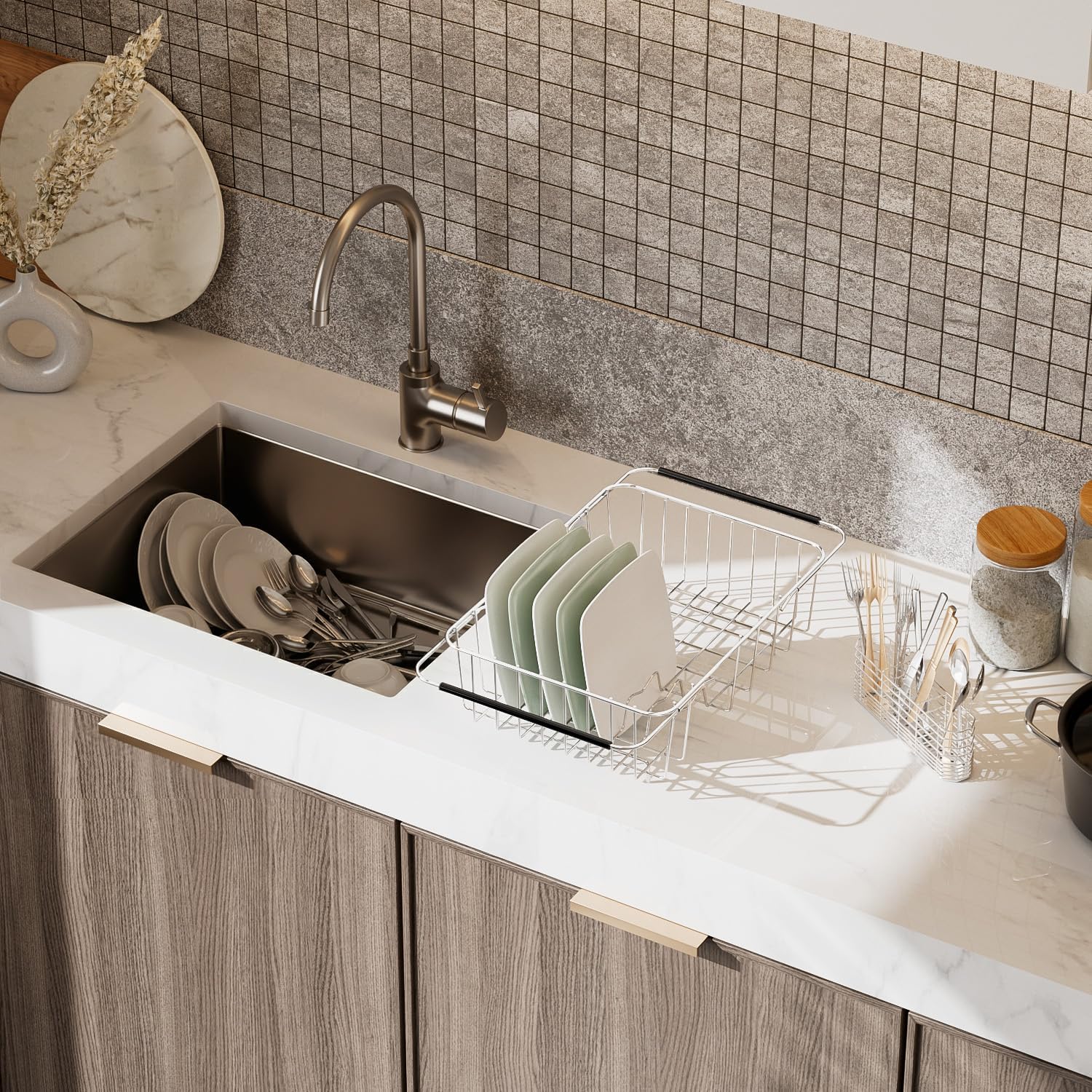 Stainless Steel Dish Drying Rack(15" L X 11" W X 4.1" H), Expandable Drain Rack Over Sink, Dish Drainer Rack in Sink, with Stainless Steel Utensil Holder & 4 Hooks Cup Hanger