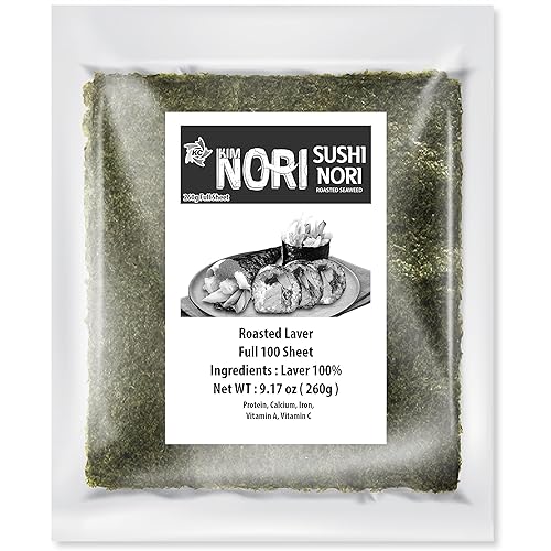 KIMNORI Sushi Nori Seaweed Sheets 100 Full Size Yaki Roasted Rolls Wraps Resealable Bag 100% Natural Laver Fresh Premium Restaurant Quality 260