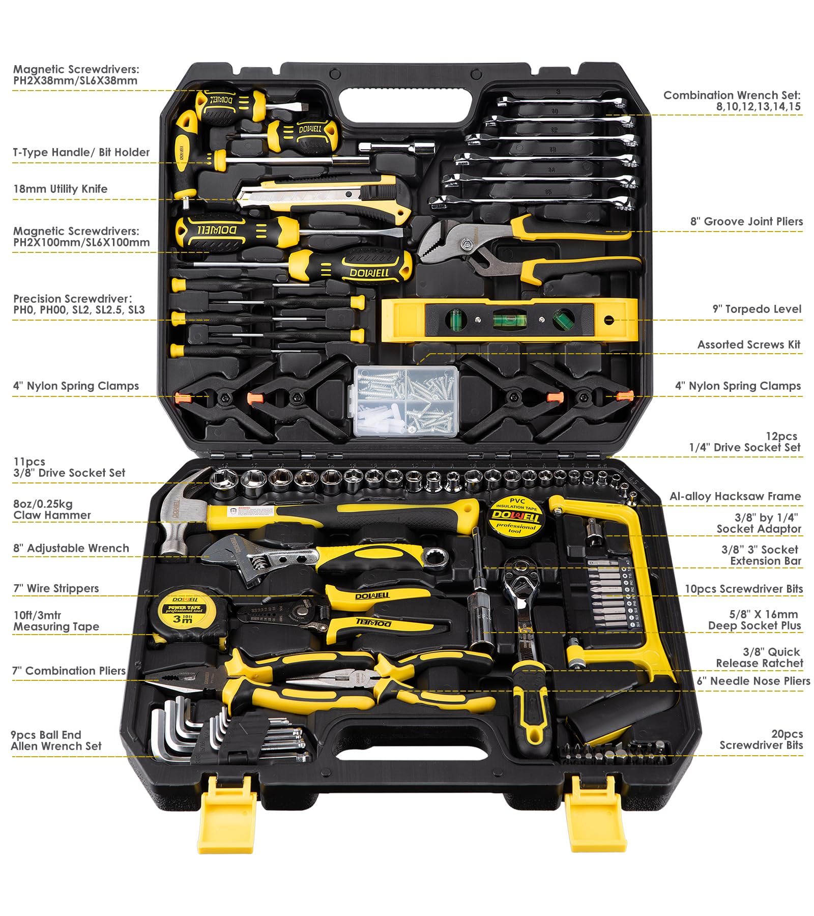 DOWELL Kit di attrezzi per meccanico, set di chiavi a cricchetto per riparazione auto, set di 168 pezzi, kit di utensili manuali, scatola di stoccaggio