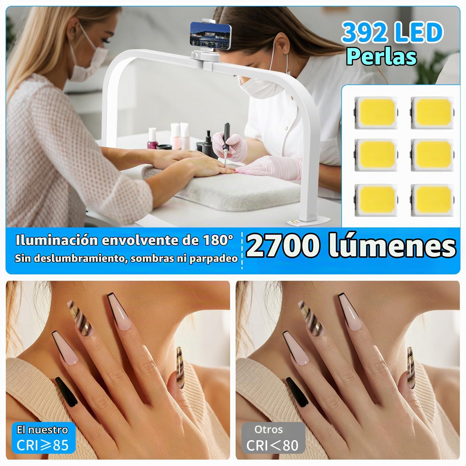 CGBE LED Lámpara Media Luna Manicura Plegable para Técnico de Uñas - Negro | Lámpara de Mesa para Uñas - 3 Modos 10 Brillos - Regulable Luz con Soporte para Teléfono para Manicura Tatuaje Manualidad