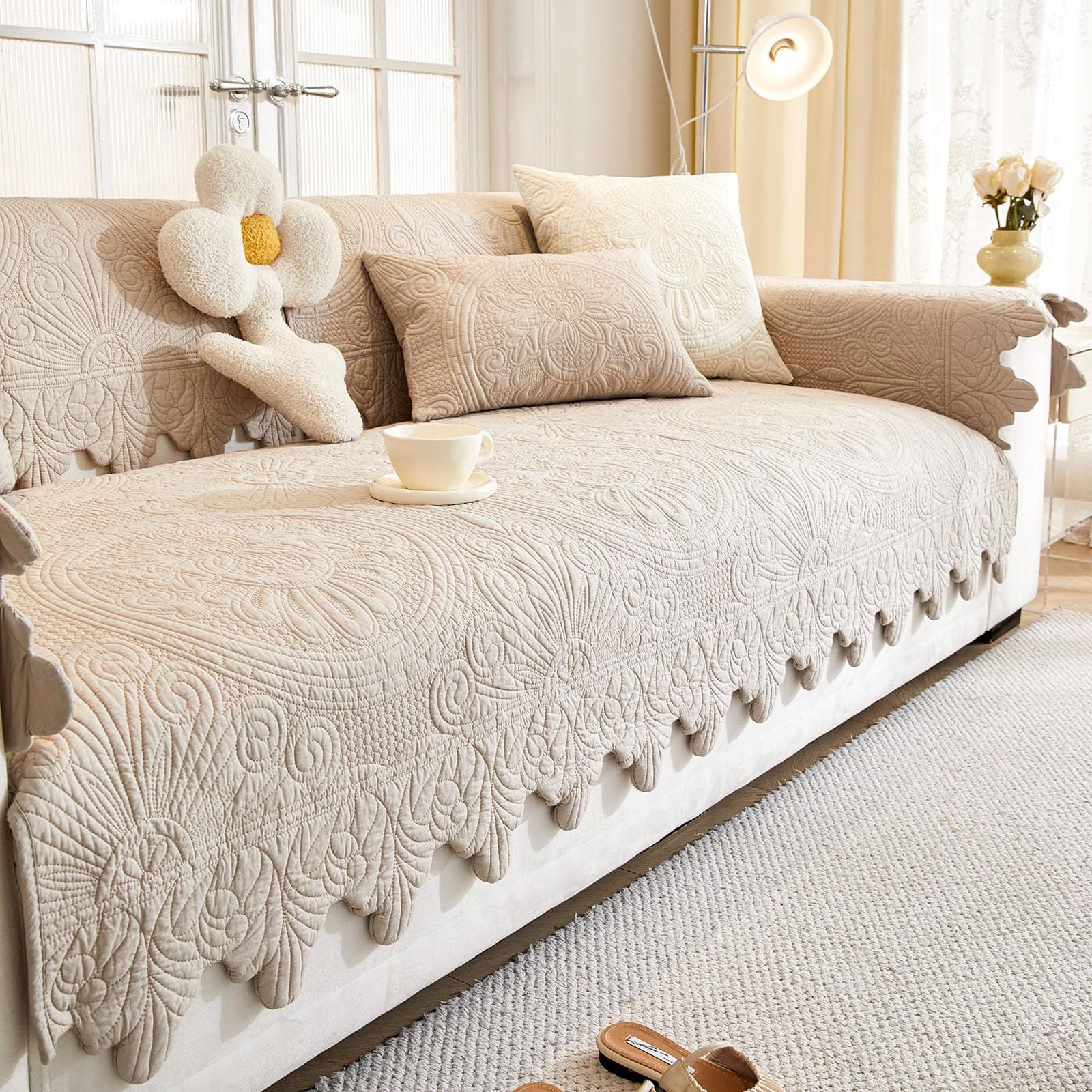 Huierxun Luxury Vintage Cotton Embroidery Sofa Cover 3D Floral Textured Boho Seat Cushion Cover Quilted Sectional Couch Cover Anti-Slip Sofa