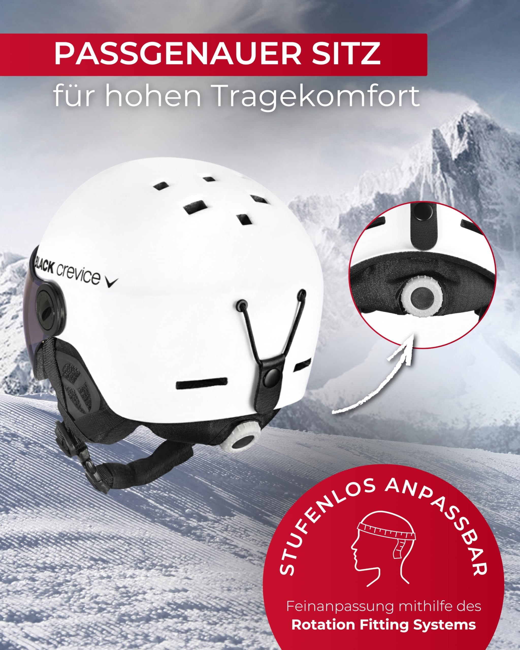 BLACK CREVICE Skihelm Gstaad Mit Visier im Pilotenstyle für Herren & Damen | Aus Polycarbonat | Atmungsaktiv | Größenverstellbar