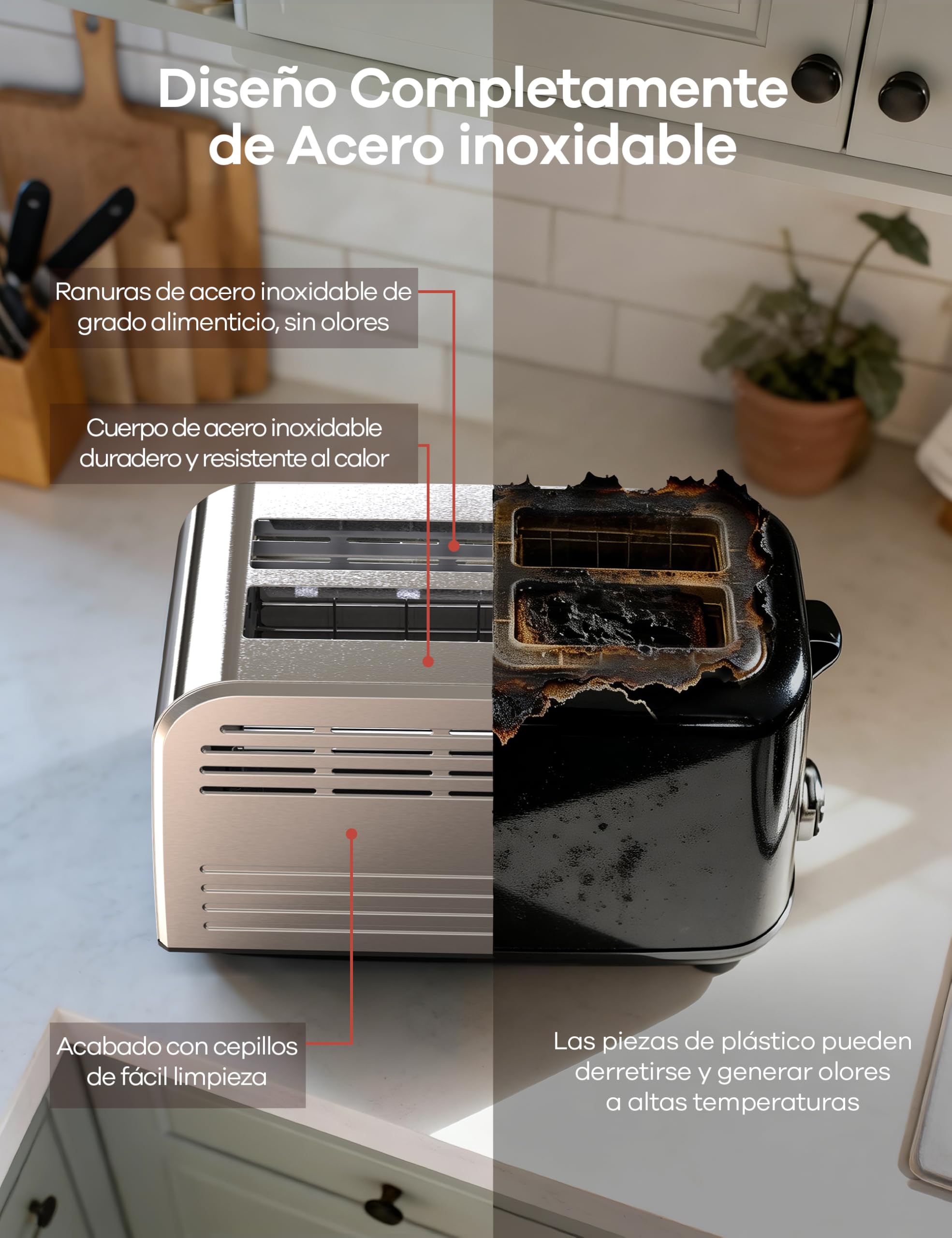 Ganiza Tostadora Inteligente para 2 Rebanadas, Acero Inoxidable con Pantalla Táctil, 6 Niveles de Tostado,Temporizador Digital, Ranura Ancha, +/-10 s, Bandeja Recogemigas, 925 W