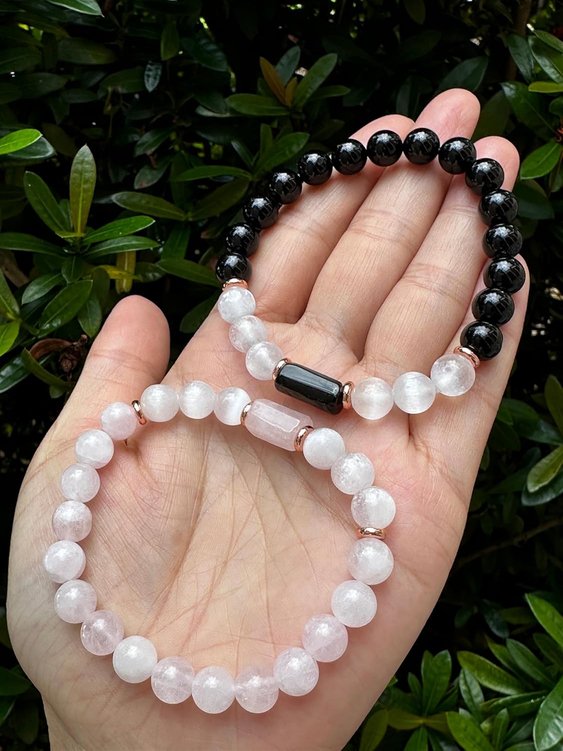 8mm Rose Quartz, Black Tourmaline, Amethyst, and Selenite Crystal Bead Bracelet – Genuine Gemstone Crystal Cylinder with Copper Discs, Stretch Healing Gemstone Bracelet, Gift for Men & Women