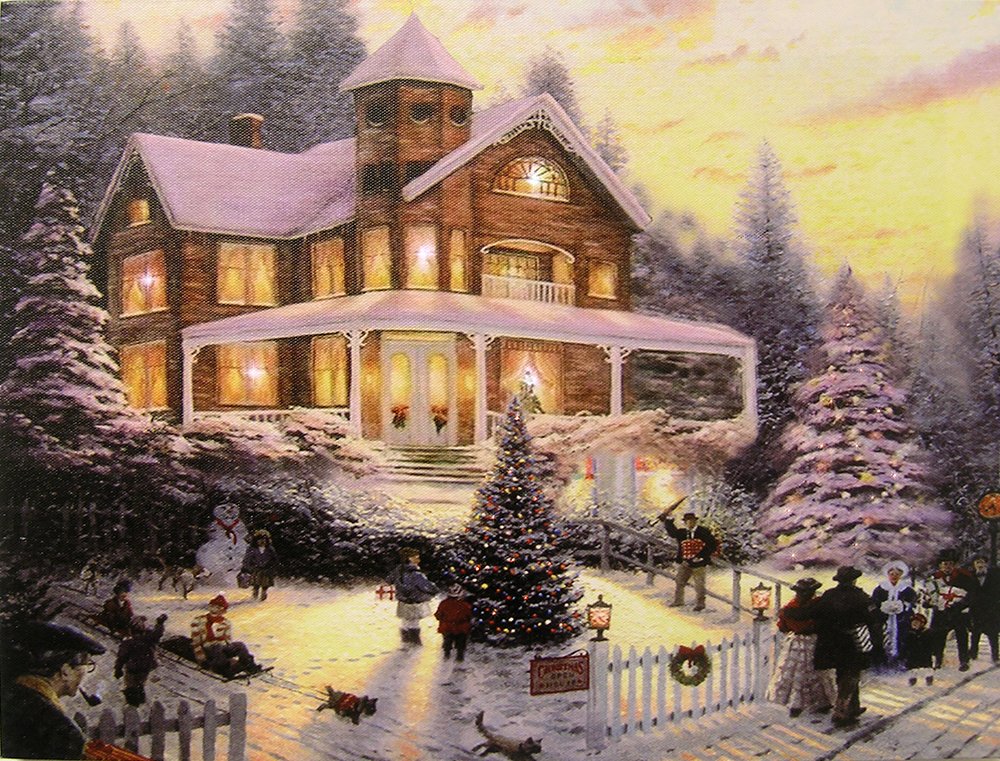 BANBERRY DESIGNS LED Wall Art - Christmas Lighted Canvas Print - Winter Scene Wall Art with a Victorian House in a Snowy Setting - Lights in the House Light Up - 16" X 12"