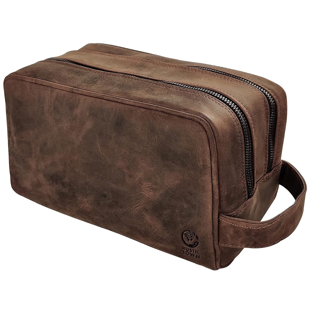 RUSTIC TOWN Full Grain Leather Travel Toiletry Bag - Cosmetic Ditty Kit Organizer (Dark Brown)