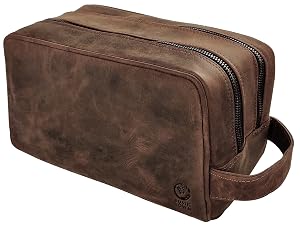 RUSTIC TOWN Full Grain Leather Travel Toiletry Bag - Cosmetic Ditty Kit Organizer Dark Brown