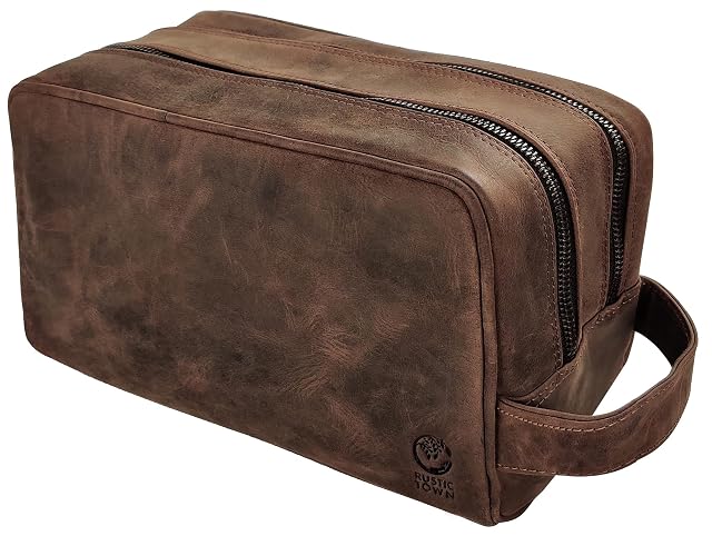 RUSTIC TOWN Full Grain Leather Travel Toiletry Bag - Cosmetic Ditty Kit Organizer Dark Brown