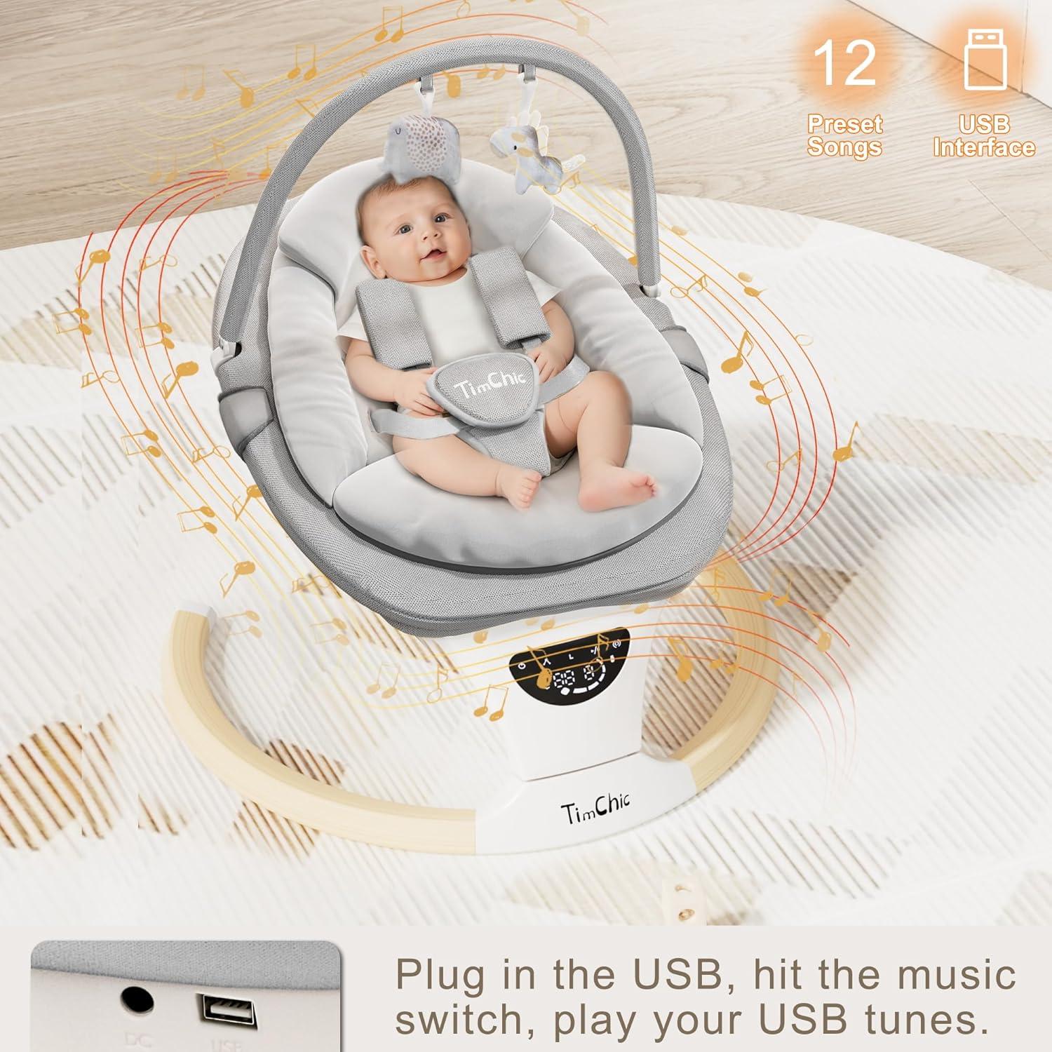 Baby Swings for Infants, Portable Infant Swing with 5-Speeds, 3-Adjustable Height, 3 Timer & 12 Lullabies, Mutil-Function Electric Swing for Baby, Indoor & Outdoor Use (Gray)