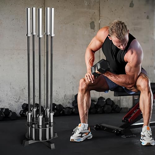 Miniatura 5 de EVERYMATE Soporte olímpico para mancuernas, estante de almacenamiento de pesas de gimnasio, estante vertical de montaje en pared, revestimiento de