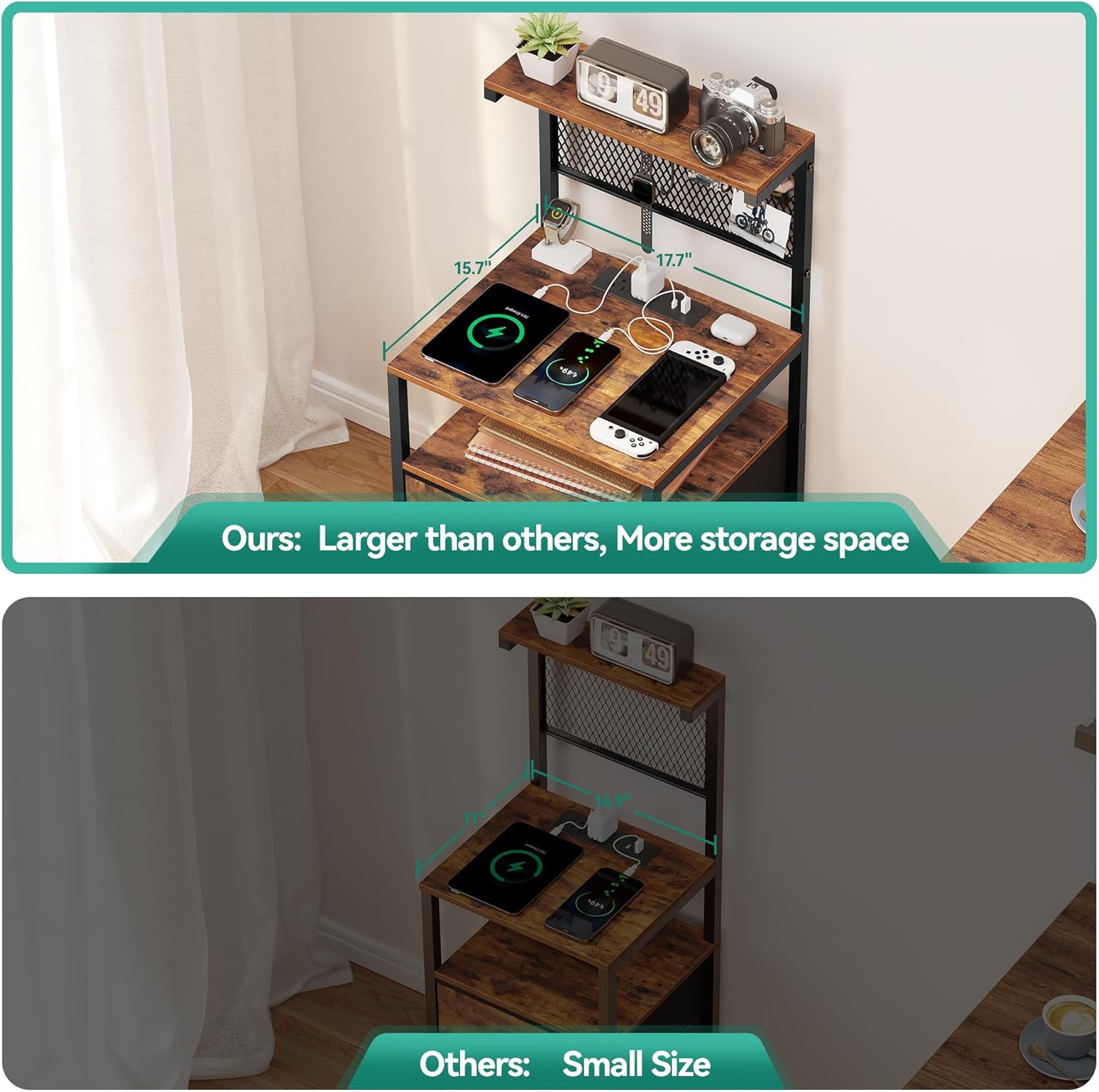 Tall Nightstand Set 2 with Charging Station and LED Lights, Large Night Stands with 2 Fabric Drawers, Bedside Table with Storage Shelves and Hooks for Bedroom, Office, Dorm, Rustic Brown