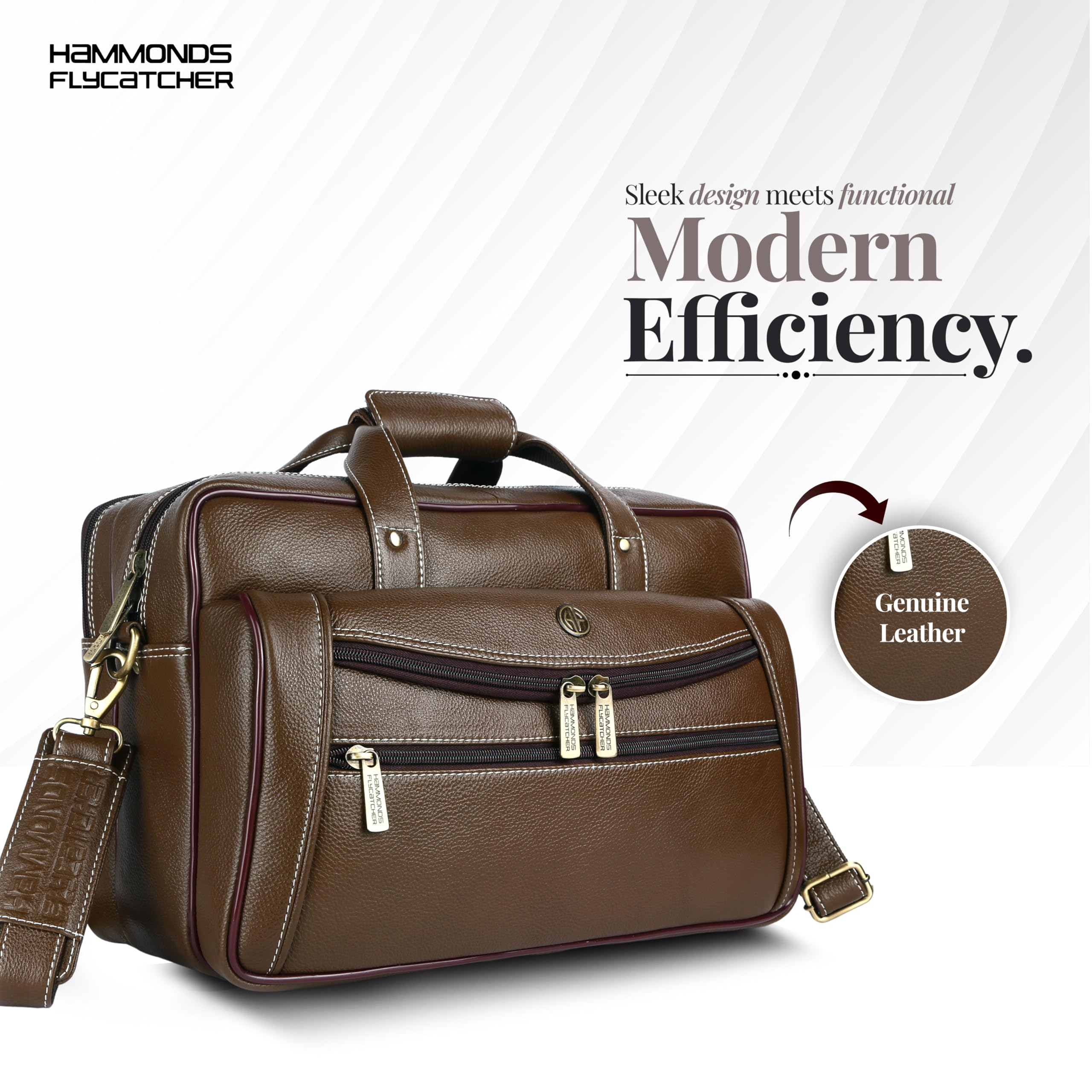 HAMMONDS FLYCATCHER Men Genuine Leather Office Bag - 15.6" Laptop Bag , Travel, Daily Use - Padded Laptop Compartment, Trolley Strap, Adjustable Strap, 1 Year Warranty, Brushwood, Brown
