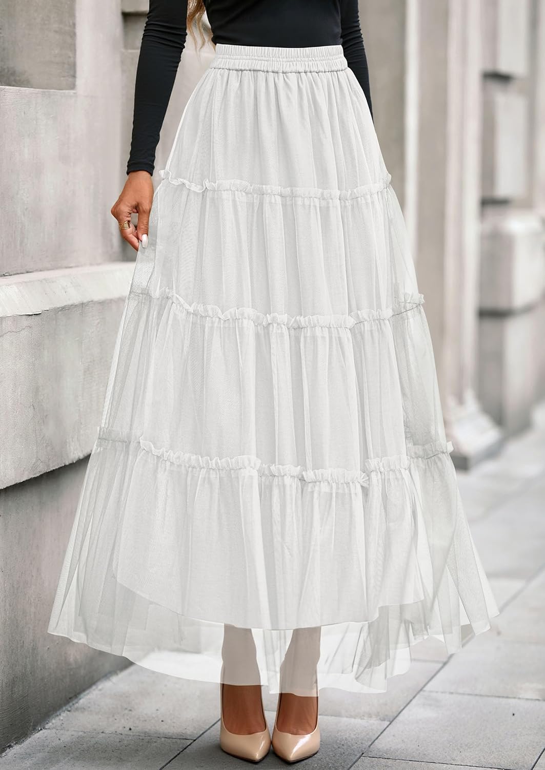 PRETTYGARDEN Tulle Skirts for Women 2026 Spring Fashion Elastic High Waisted Tiered Flowy Fairy A-Line Casual Maxi Long Skirt - Image 2