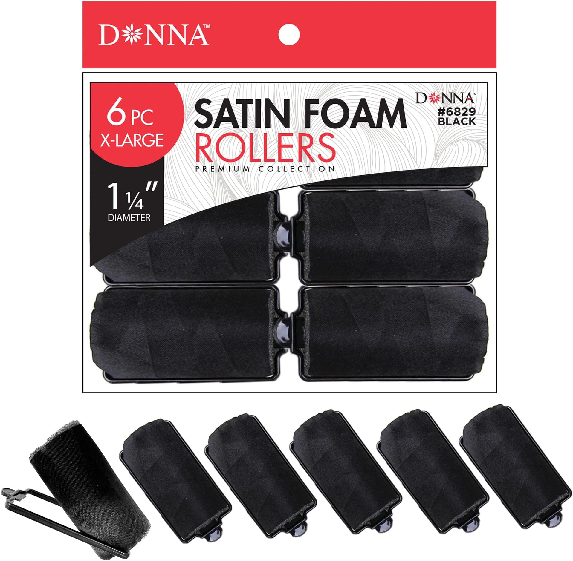 DONNA Silky Satin Foam Rollers 1.25"(D) 6PCS XL Hair Styling Heatless Curlers and Clips for Hairdressing BLACK