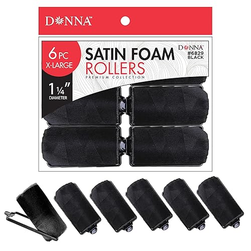 DONNA Rodillos de espuma de satén sedoso de 1.25 pulgadas (D) 6 piezas XL rizadores y clips sin calor para peluquería negro XL (1.2 in),7/8"(D)