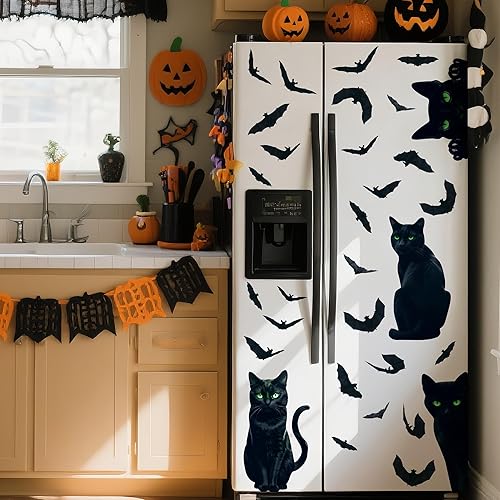 Halloween Decorations Window Clings,4 Sheet Large Black Cats Halloween Window Stickers,Bats Silhouette Window Decals for Indoor School Home Office Party Decor