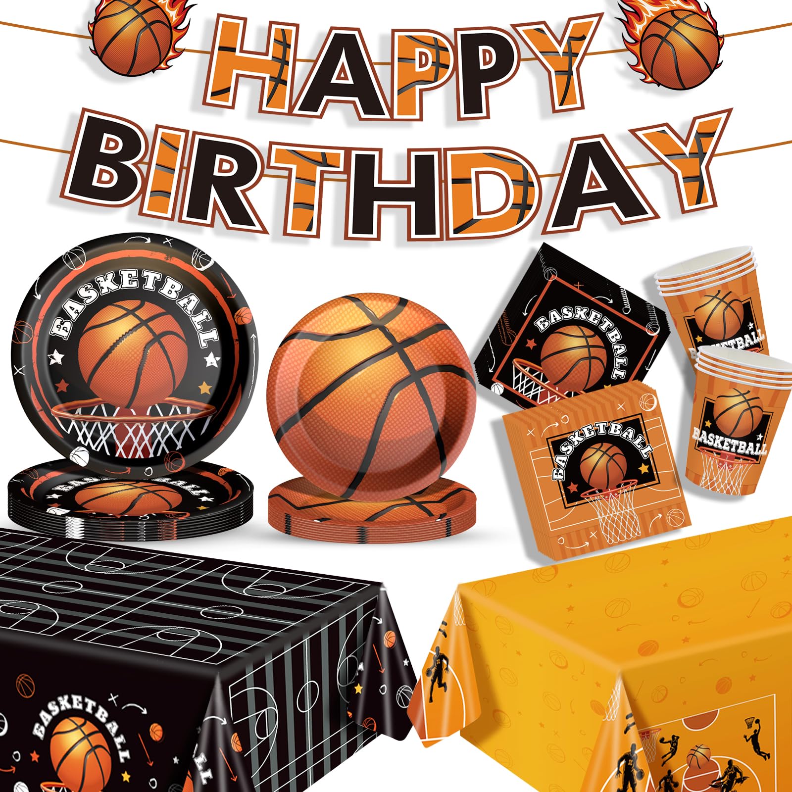 Basketball Birthday Party Decorations Set Includes Dinner Plates, Dessert Plates, Napkins, Cups, Banner and Tablecloth for Basketball Theme Party Decorations , Serve 24