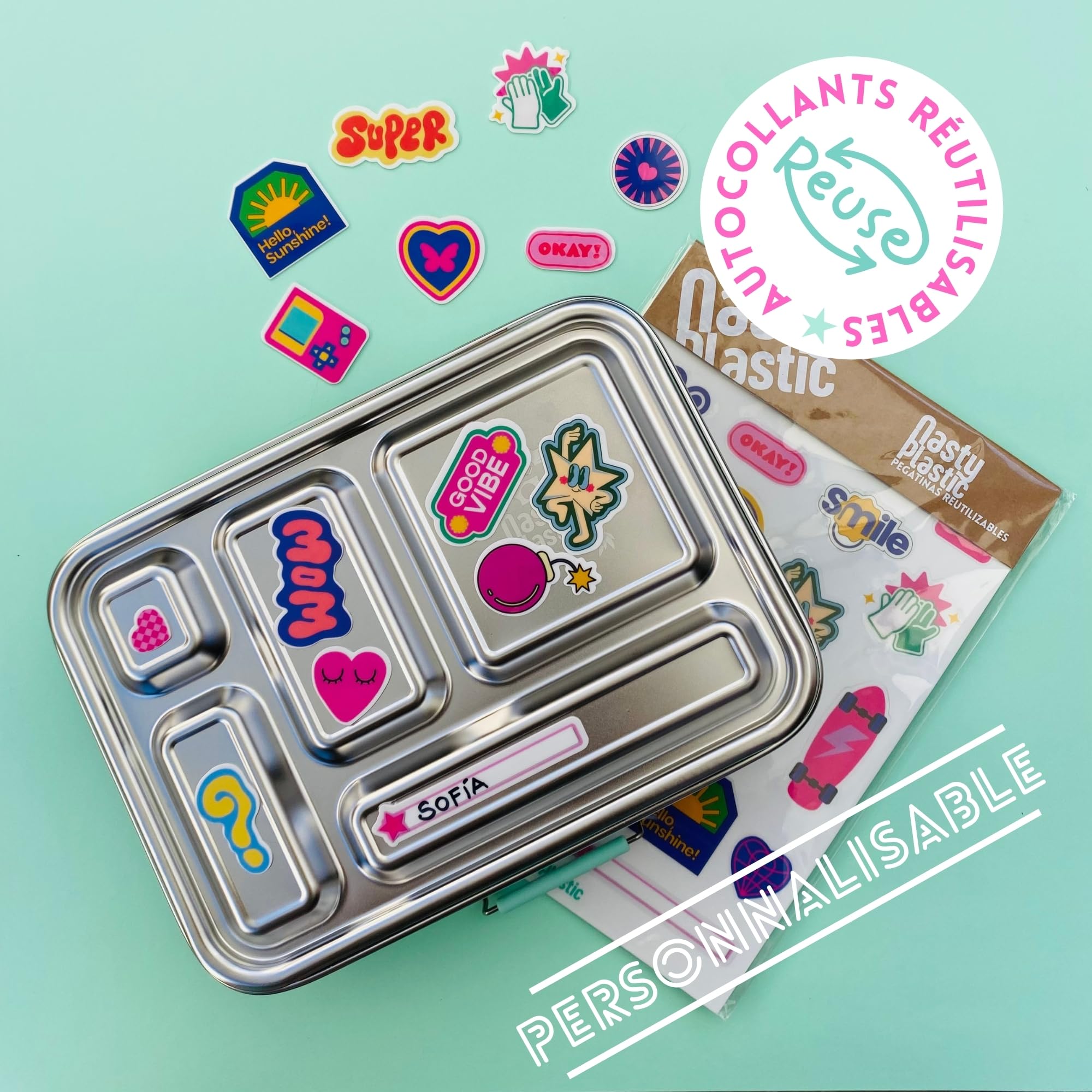 Boîte repas enfant en acier inoxydable avec 5 compartiments, 2 pots hermétiques et autocollants réutilisables, sans BPA, pour l’école