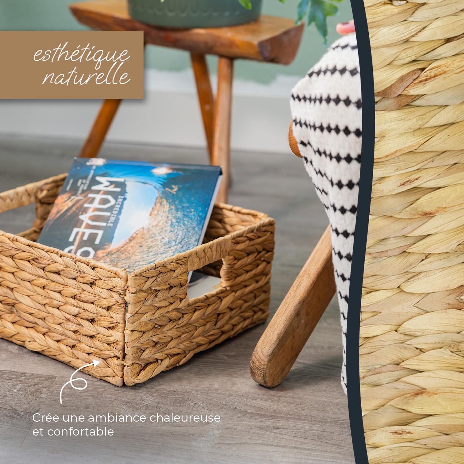 HMF panier de rangement compatible avec KALLAX demi‑compartiment, panier tressé en jacinthe d’eau avec poignées | Lot de 2 | 30 x 34 x 15 cm | Naturel