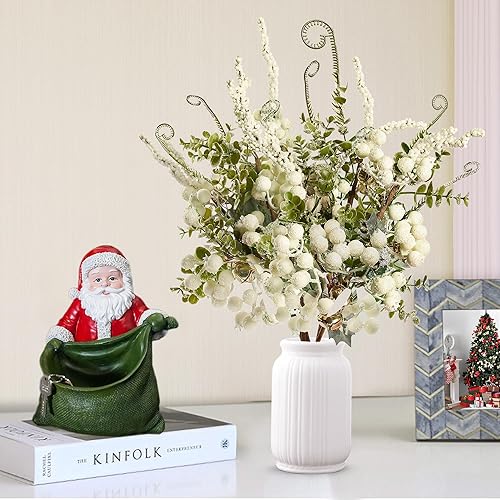 Miniatura 5 de Sggvecsy 6 púas artificiales de bayas de Navidad de 16.9 pulgadas, ramas de bayas de acebo de Navidad esmeriladas con tallos de eucalipto, campanas