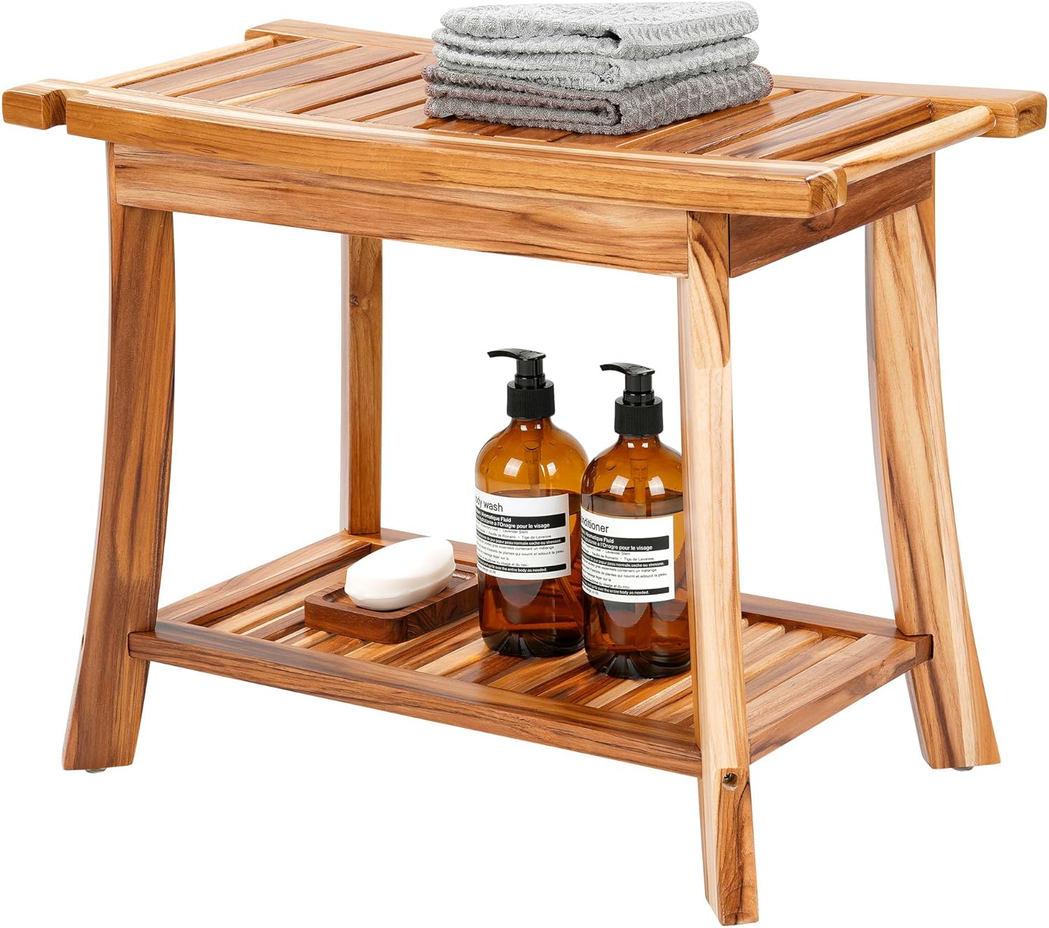 24" Premium Solid Teak Shower Bench with Towel Bar,2-Tier Waterproof Bath Stool with Fixed Non-Slip Feet, Spa Bath Seat for Bathroom, Indoor & Outdoor Use,300lbs Capacity