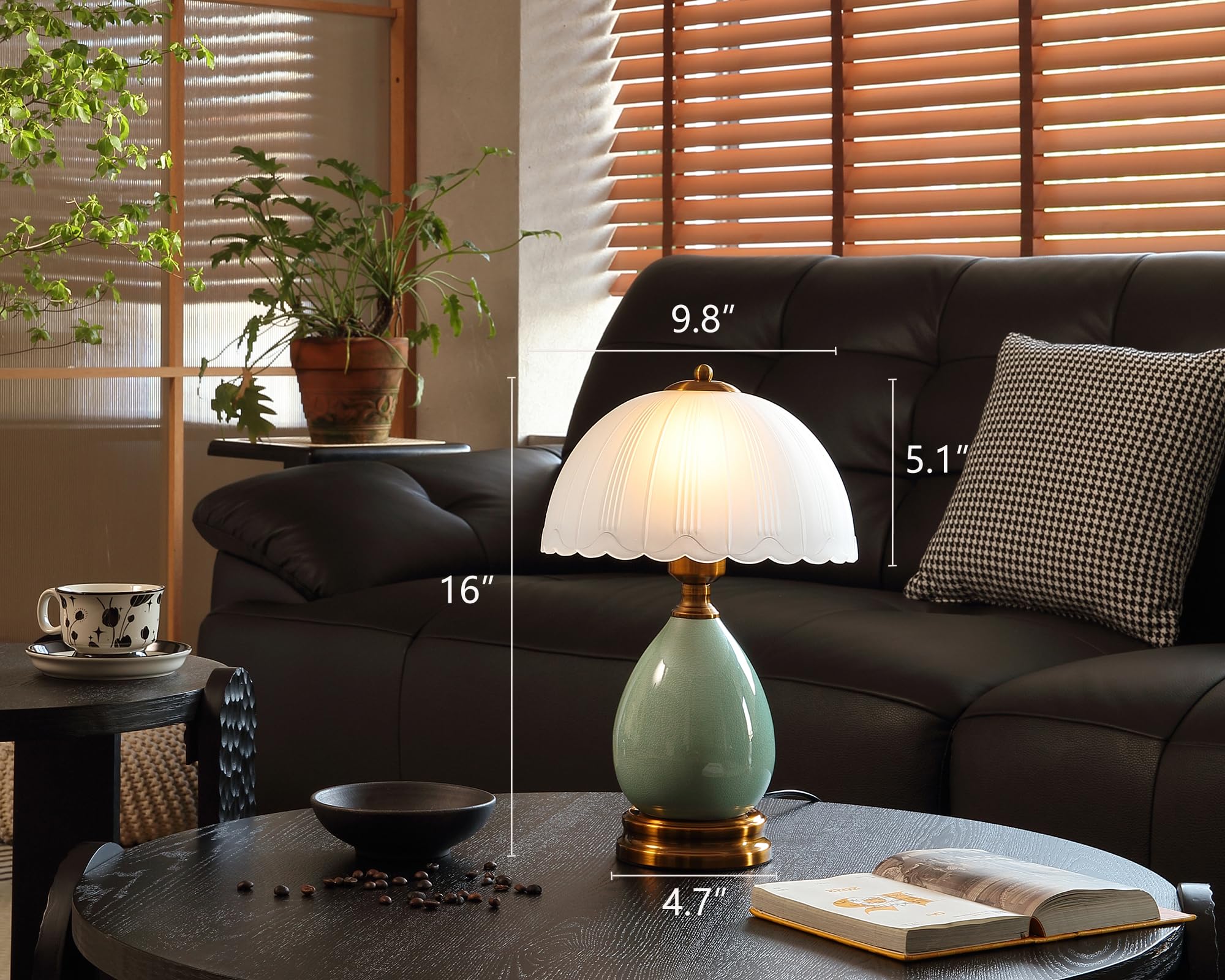 Lámpara vintage para sala de estar, lámparas de mesa de cerámica modernas de 16 pulgadas para dormitorio, mesita de noche retro lámparas tradicionales, lámpara verde china clásica para 4