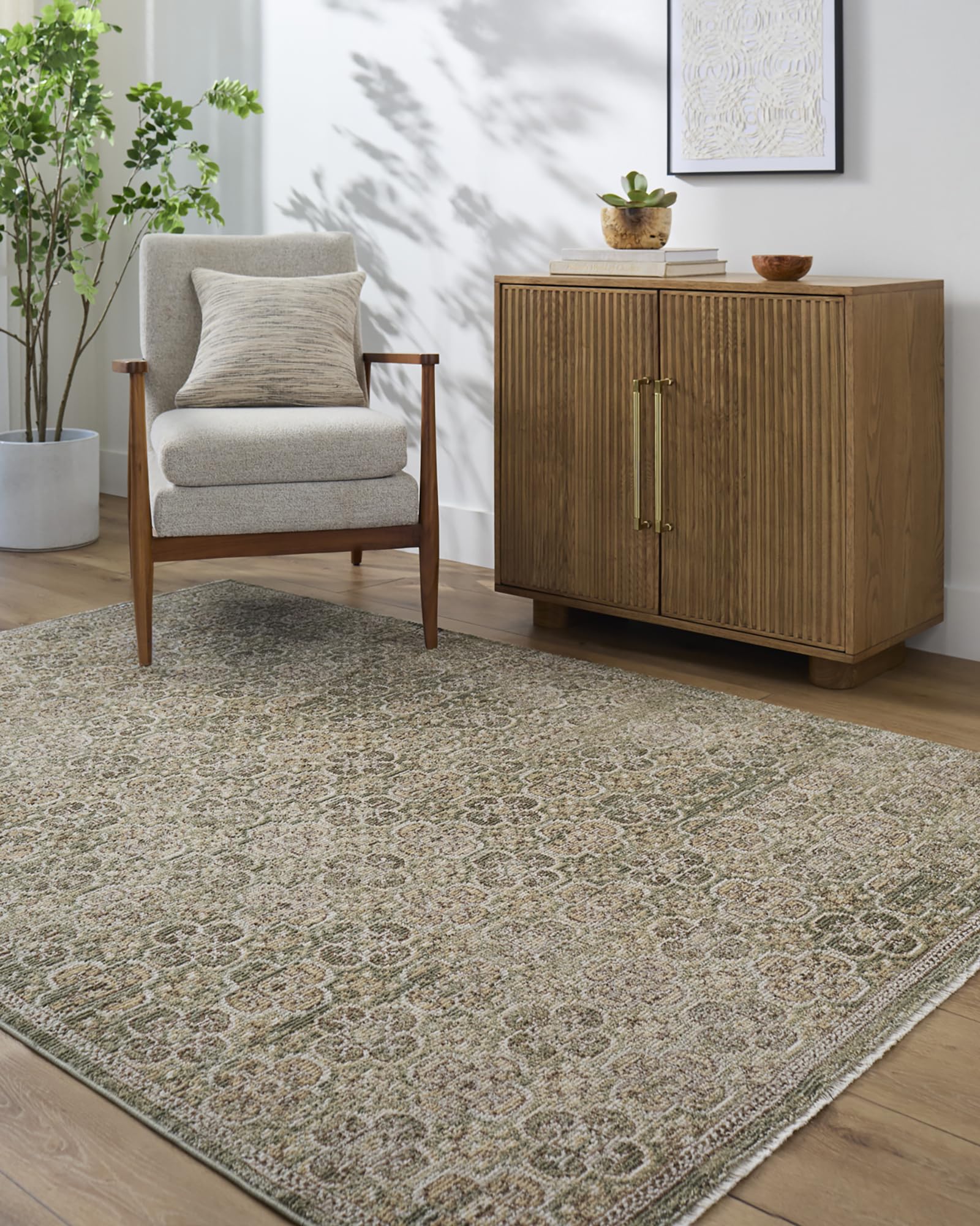 Livabliss x Galey Alix Vintage Rug - Area Rugs for Living Room 140x200 cm, Bedroom - Scandi Neutral Rugs, Traditional Patterned Boho Style, Natural Easy Care Pile - Large Rug, Olive, Mustard, Brown