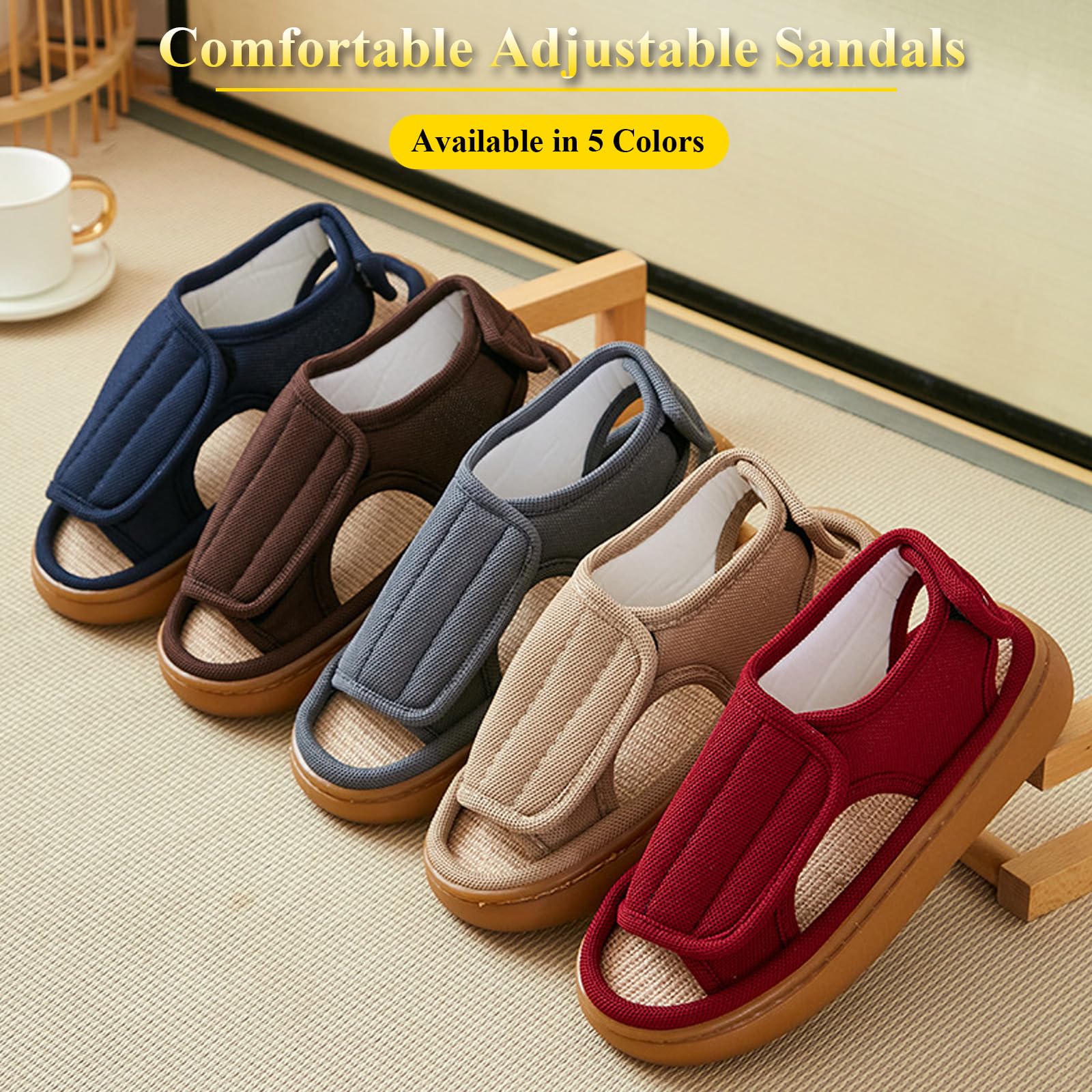 Sandali da donna regolabili per anziani, scarpe traspiranti in lino, suola antiscivolo, per diabetici, interni ed esterni
