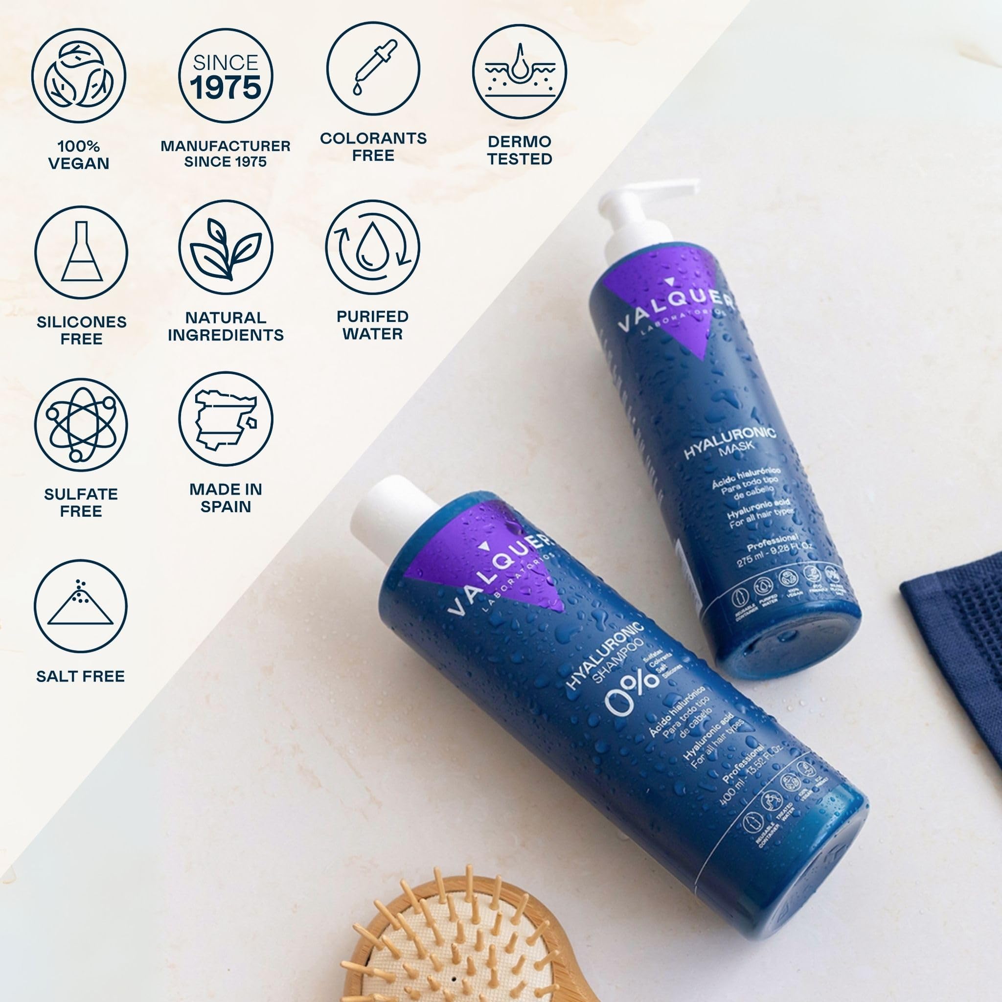VALQUER Pack Ácido Hialurónico Champú Reparador y Mascarilla Capilar Fórmula Zero | Hidrata y Protege el Cabello Dañado y Seco con Aloe Vera y Keratina | Para Todo tipo de pelo | 1 L + 975 ml