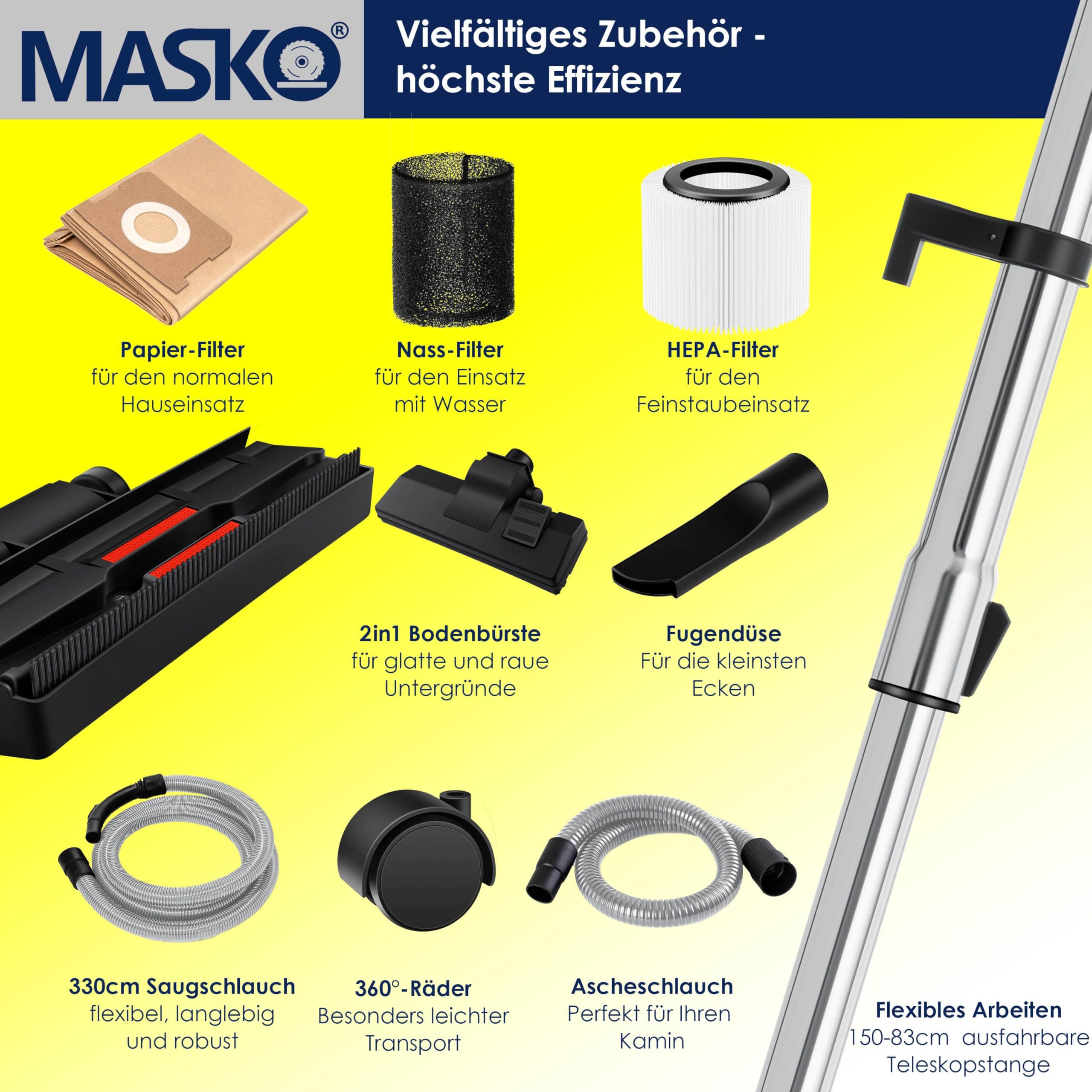 MASKO 6IN1 Industriestaubsauger Nass Trocken 2300W Blasfunktion beutellos Gelb