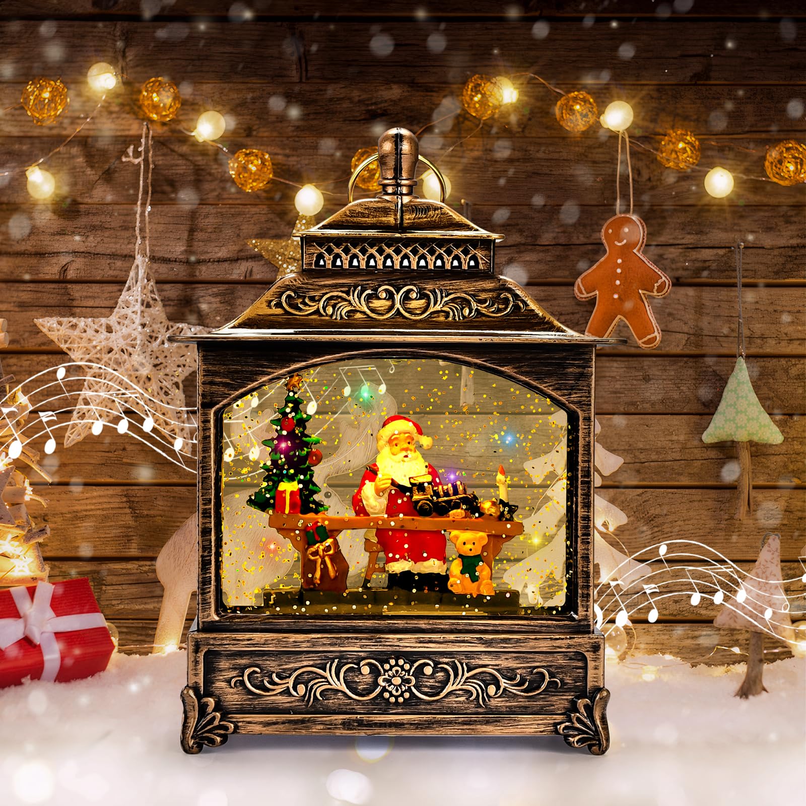 Joellfuner Weihnachts Schneekugel Laterne, Weihnachtslaterne mit Schneegestöber Musik & Licht USB/Batteriebetriebene, Schneekugel Laterne Wasserlaterne Geschenk für Weihnachtsdeko(B-Weihnachtsmann)