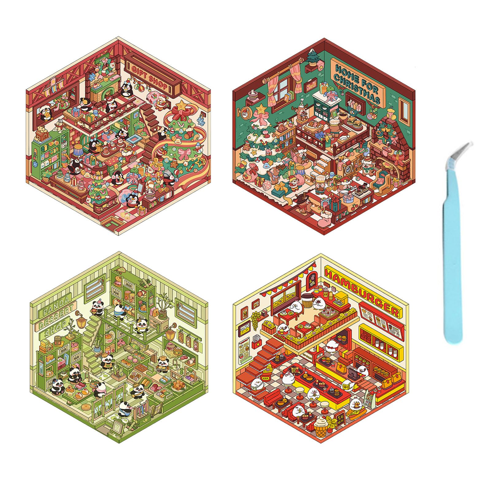 4PCS 3D Sticker Scene,3D House Sticker Set,Scrap Book Set,Sticker Scene Book, Fun DIY Stickers Scene, Kids Cartoon Scene Stickers, for Adult Kids Relief Stress Pass The Time