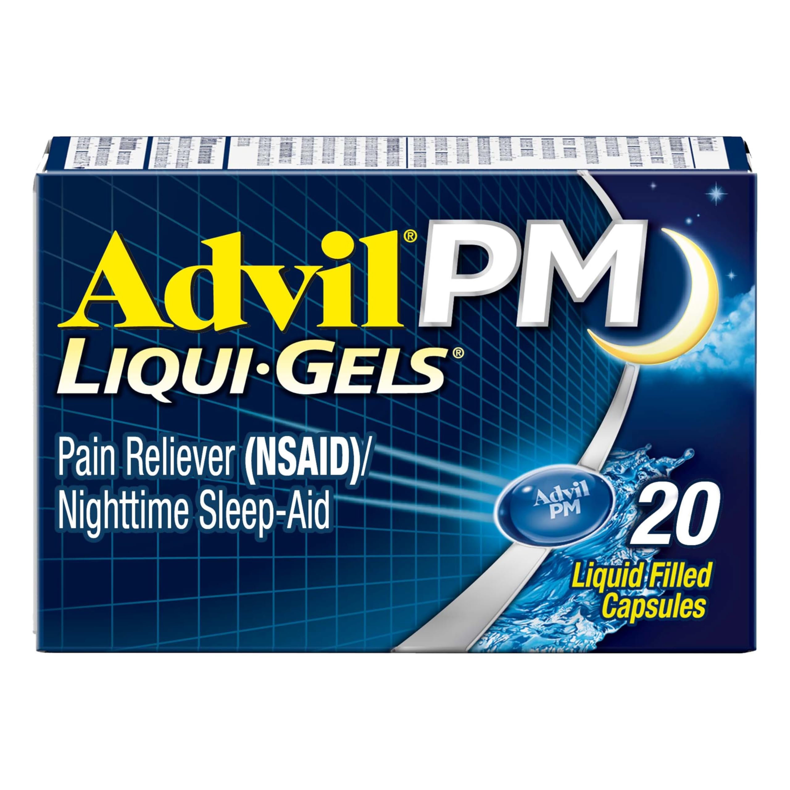 Advil PM Liqui-Gels Pain Reliever and Nighttime Sleep Aid, Pain Medicine with Ibuprofen                 for Pain Relief and Diphenhydramine HCL for a Sleep Aid - 20 Liquid Filled Capsules - Back to College