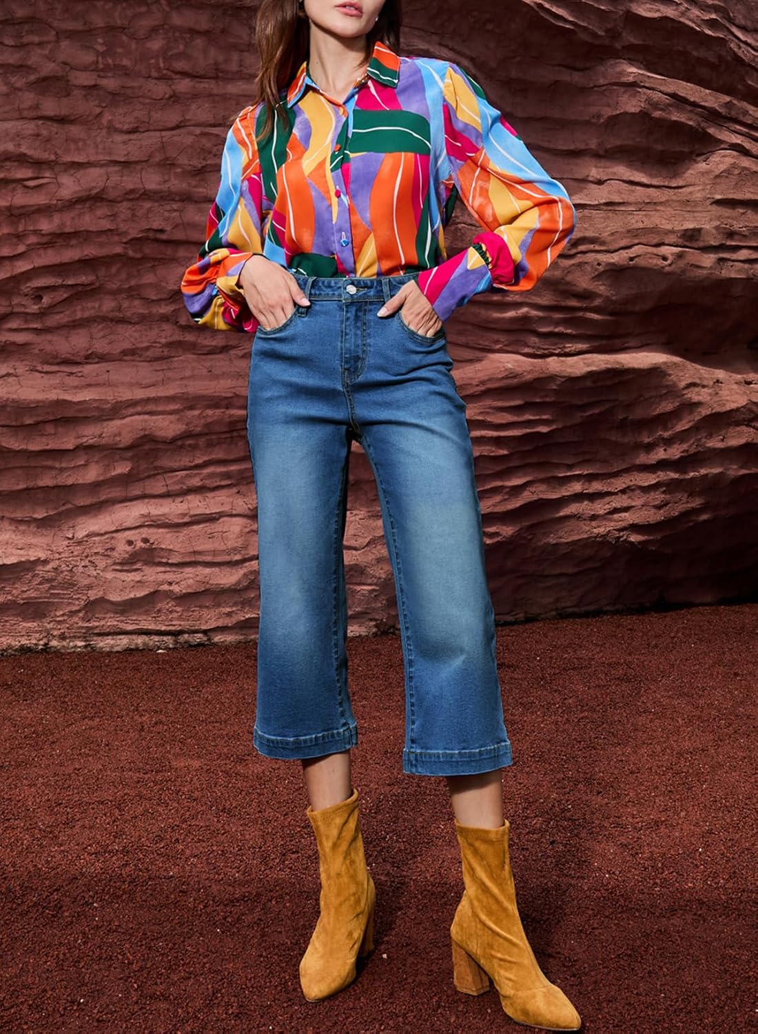 Sidefeel Women's Wide Leg Jeans High Waisted Stretchy Capri Pants - Image 9