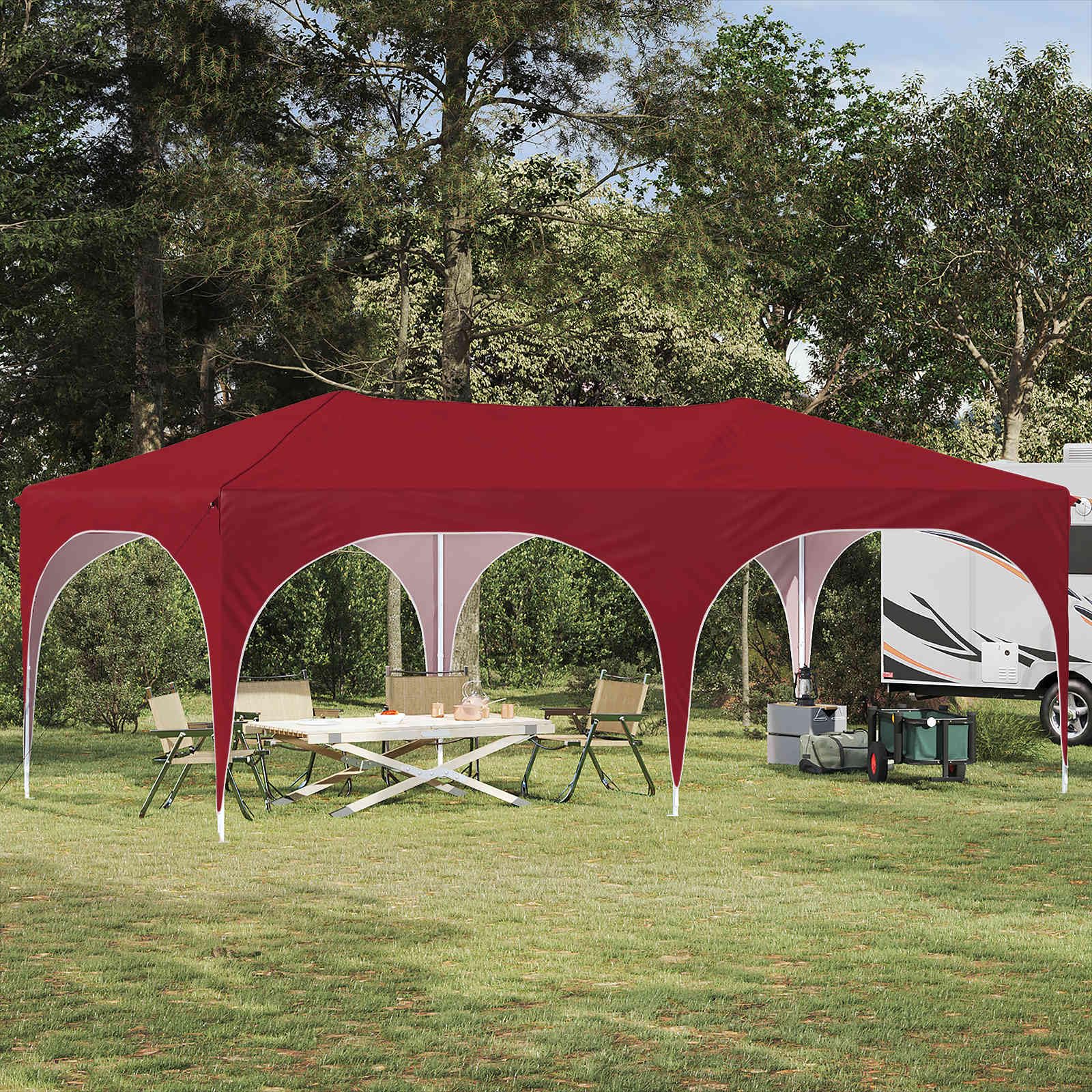 Namiot Pop-up bordowy, 575 x 288 x 245 cm Oxford | 3-stopniowa regulacja wysokości, wodoszczelność, ochrona przed promieniowaniem UV, 4 linki i 8 śledzi, do użytku na zewnątrz