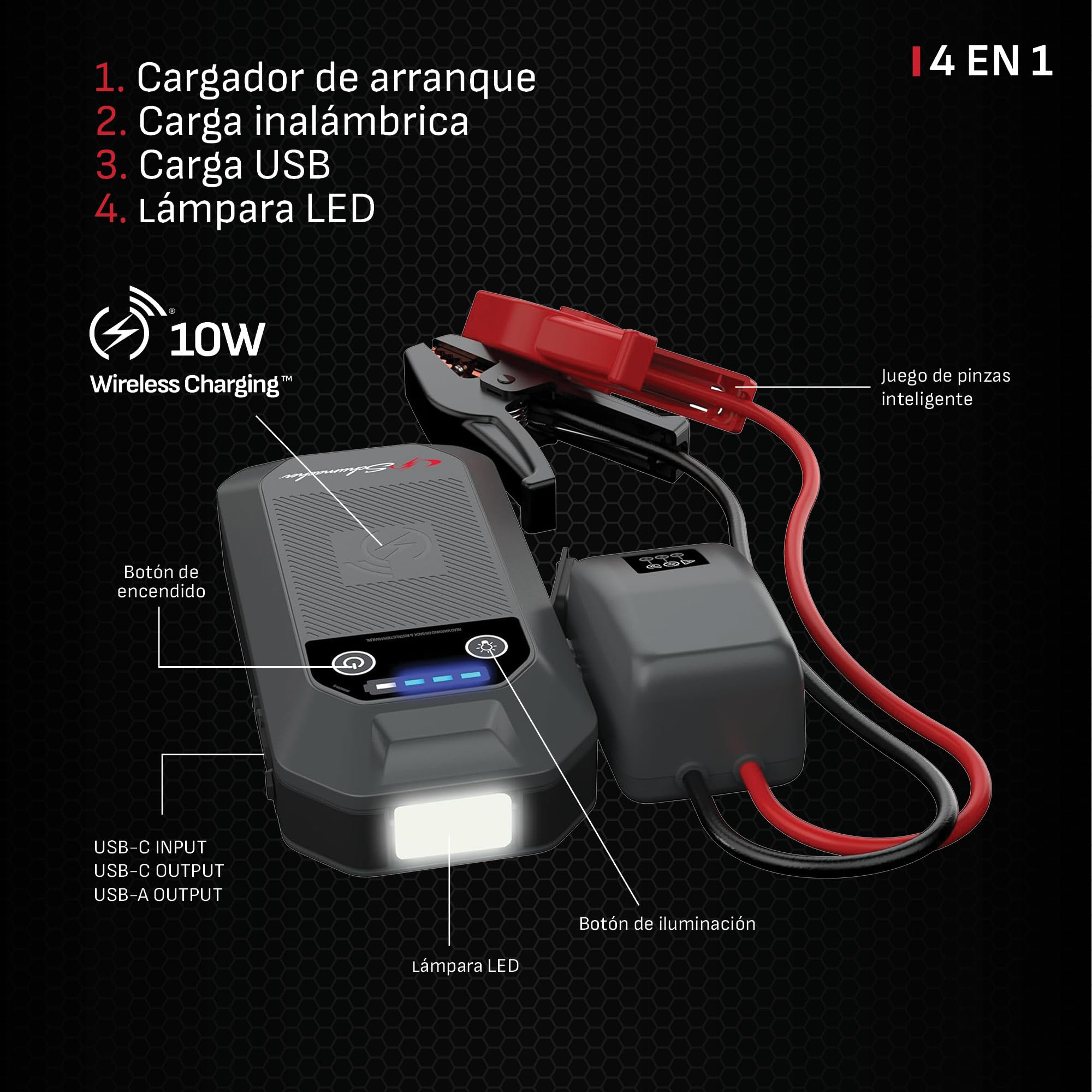 Schumacher Electric Compact SBX504 - Arrancador Coche 1000A 12V - Jump Starter Litio con Pinzas Seguras - Gasolina 6L / Diésel 3L - USB-C, Carga Inalámbrica, LED - Override y Pre-Heating | Motores Gasolina 6L Diesel 3L, Powerbank 6400mAh, carga inalámbric