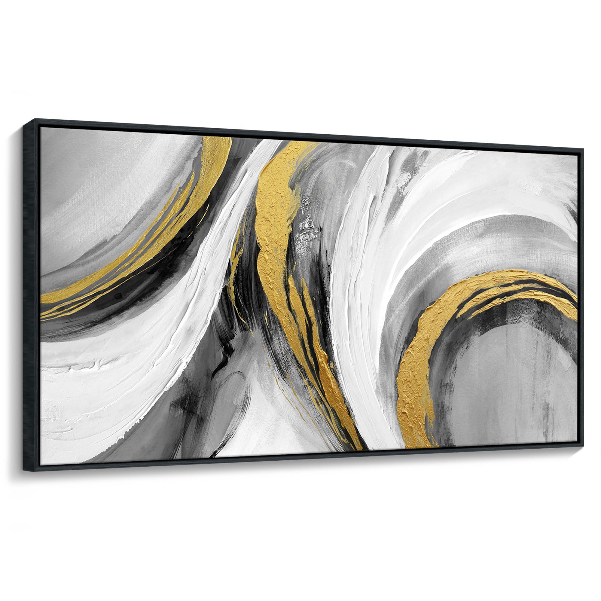 White Gold Wall Art - Abstract Framed Large Size Black White Gold Hand Drawn Textures Artwork Ink Dances With Gold Canvas Painting for Living Room Office Hallway Bed Above Decor 29"X58"