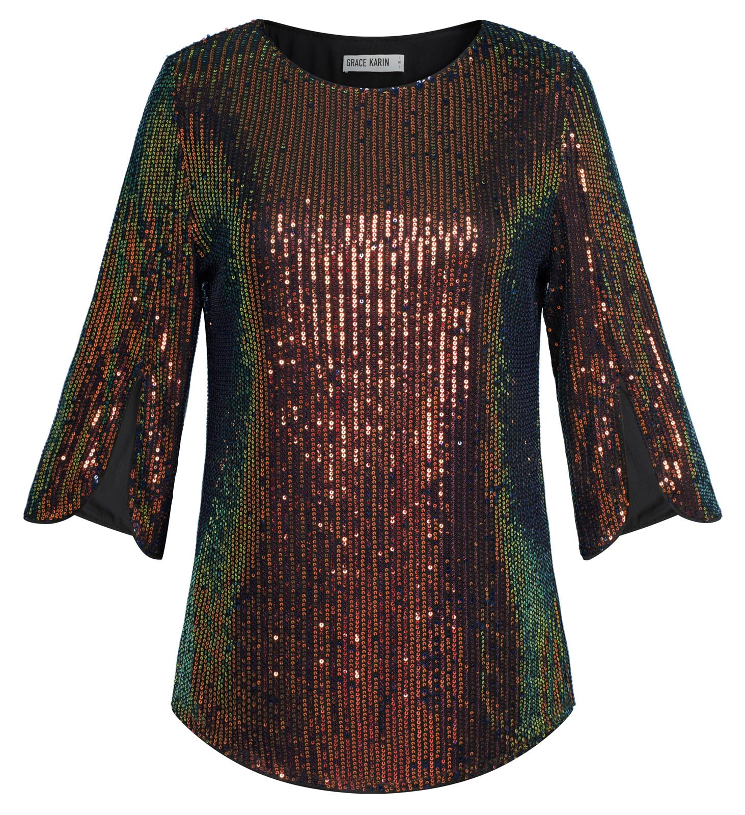 Women's Sparkle Sequin Party Blouse Tops Shimmer Glitter 3/4 Slit Sleeve Dressy Tops