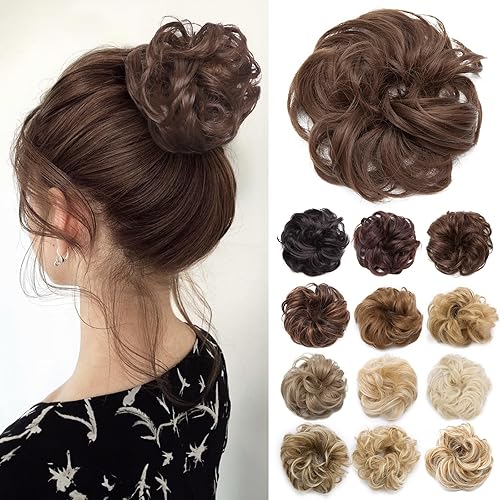 Benehair Moño desordenado, pieza de pelo recogido para mujer, esponjoso, ondulado, moño con dona, moño sintético con banda de goma elástica, color