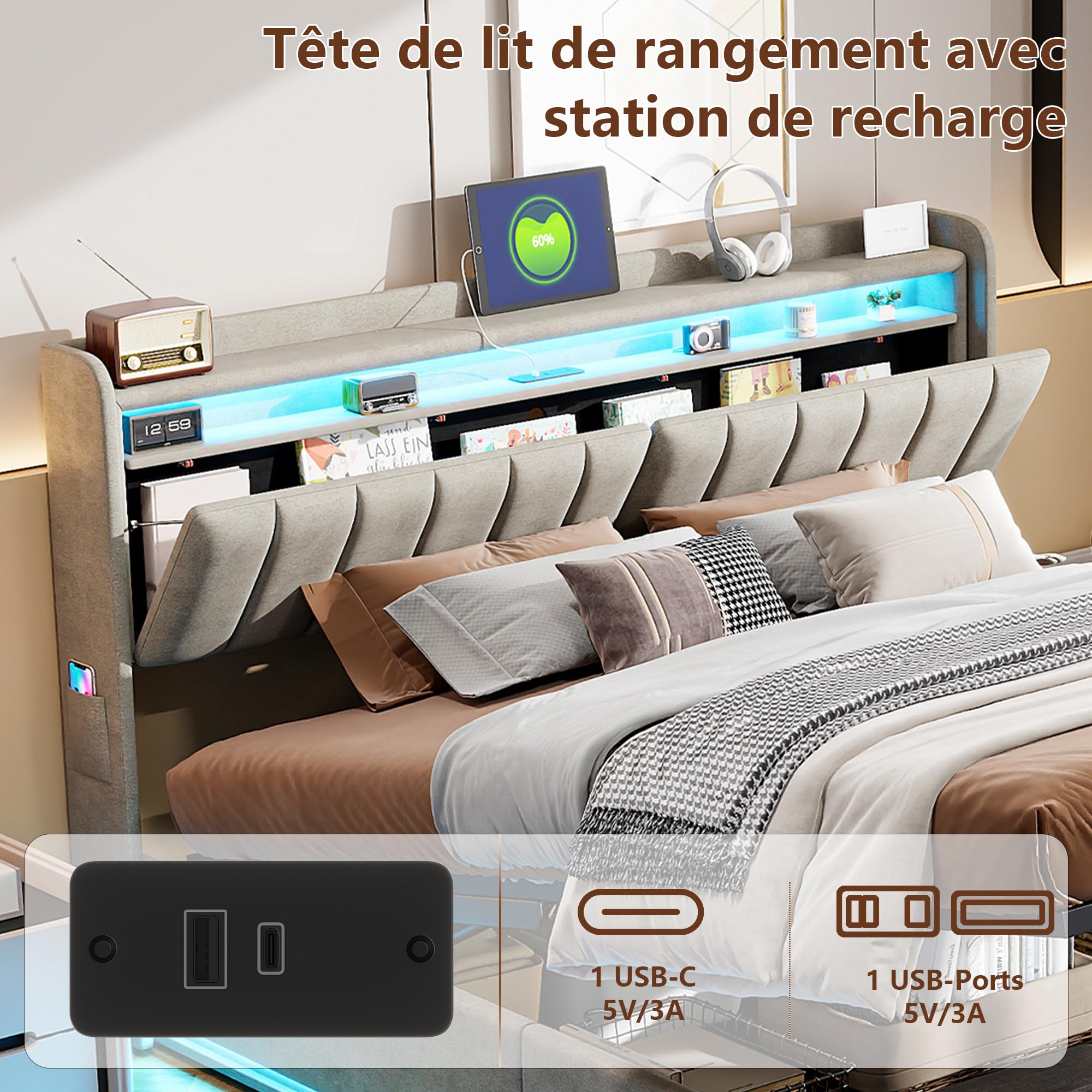 Lit Coffre 160 x 200 cm,avec Éclairage LED et Port USB,Lit Double Rembourré avec Rangement et Tete de lit,pour Adultes et Adolescents,Velours (Gris A, 160 x 200 cm)