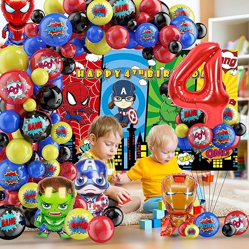 Miniatura 5 de 126 suministros para fiesta de 4 cumpleaños de superhéroe, kit de arco de guirnalda de globos de superhéroe, incluye arco de globos de superhéroe,