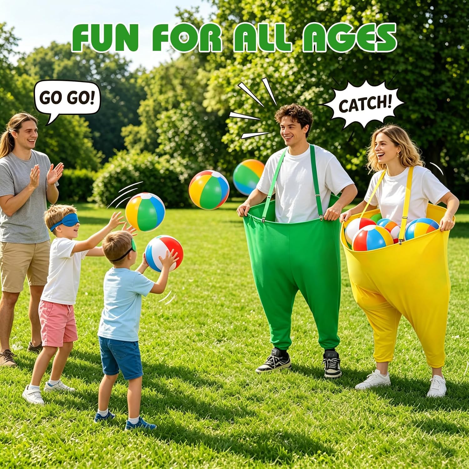 Granny Pants Yard Game for Teens & Adults, 2 Giant Pant with Suspenders, 16 Bouncy Balls, 2 Pumps & 2 Flags, Hilarious Outdoor Tossing Relay for Backyard Party, Family Reunion, Team Building (Ages 8+)